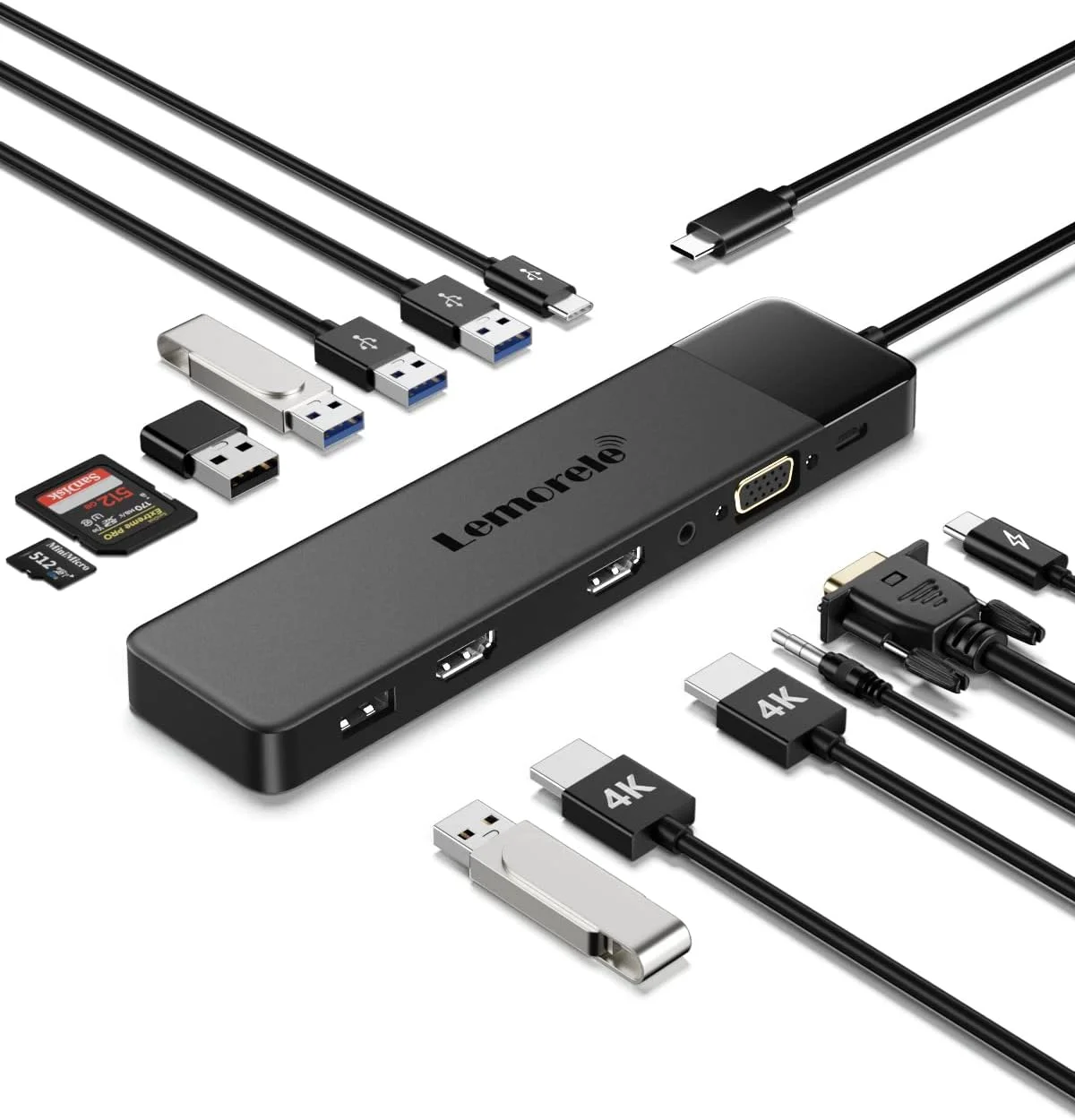داک استیشن 13 در 1 USB C لمورل - مانیتور سه گانه با دو HDMI 4K، VGA، 5 پورت USB 3.0/2.0، پورت PD 100W، SD/TF، صدای 3.5 میلی متری، آداپتور چند پورت برای لپ تاپ های لنوو، سرفیس، دل، اچ پی
