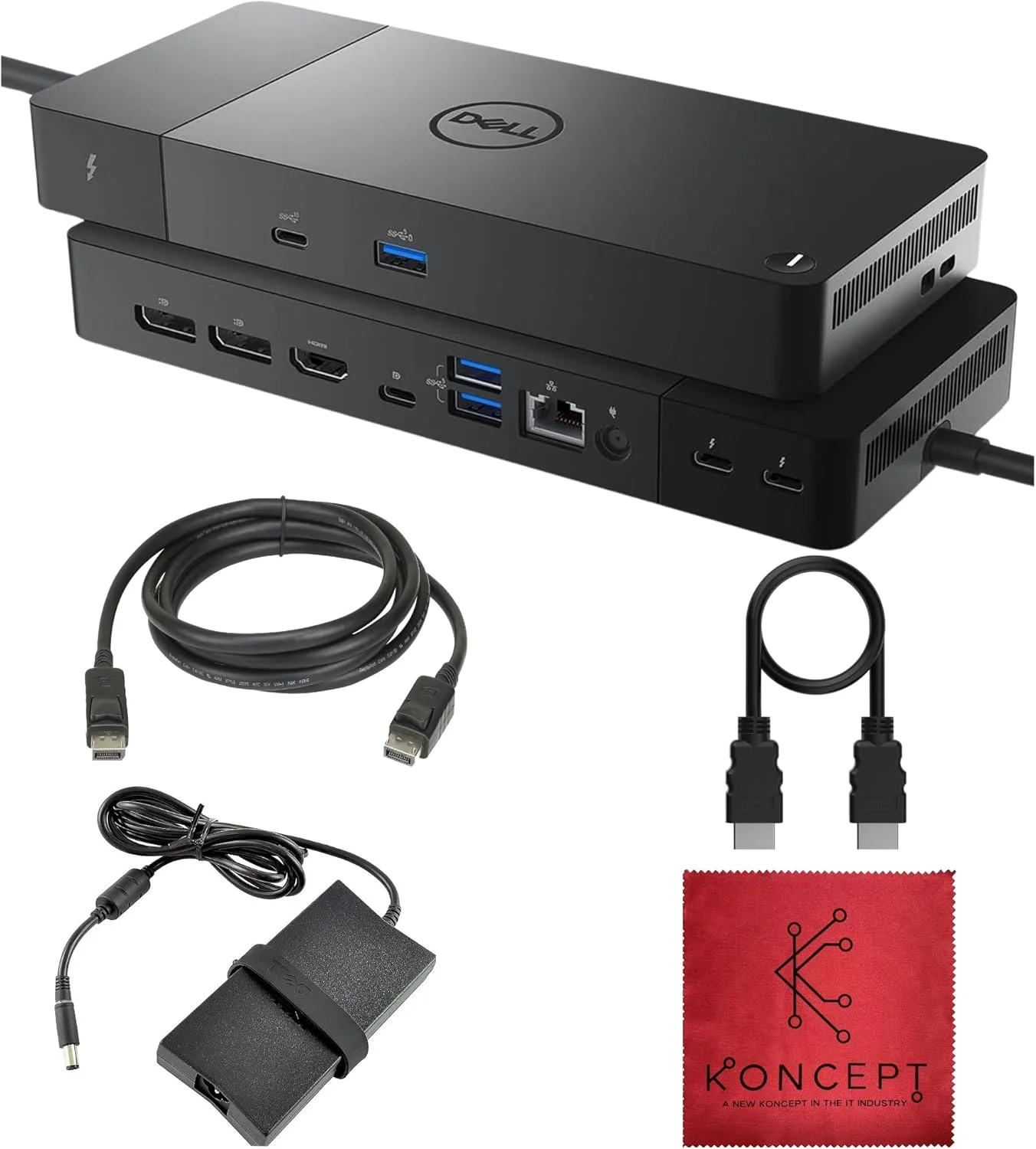 ایستگاه اتصال Koncept Dell WD22TB4 Thunderbolt 4 - ایستگاه اتصال Dell با پشتیبانی از دو مانیتور به همراه آداپتور برق 180 واتی، کابل HDMI، کابل DisplayPort، داک لپ تاپ