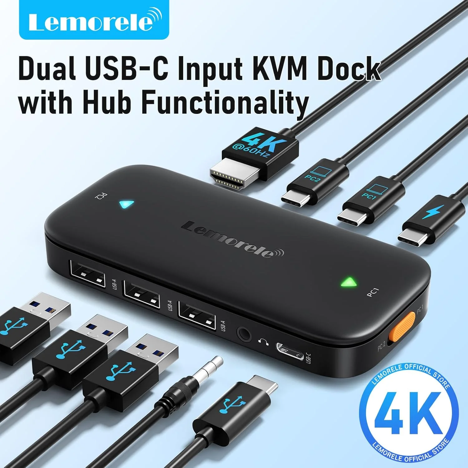 سوئیچ KVM لمورل USB C برای 2 کامپیوتر و 1 مانیتور با پشتیبانی از HDMI 4K@60Hz، دارای 4 پورت USB A/C برای به اشتراک گذاری 1 مانیتور، کیبورد/موس/پرینتر بین 2 کامپیوتر، 100W PD، صدای 3.5 میلی متری سازگار با ویندوز، مک، لینوکس، اندروید