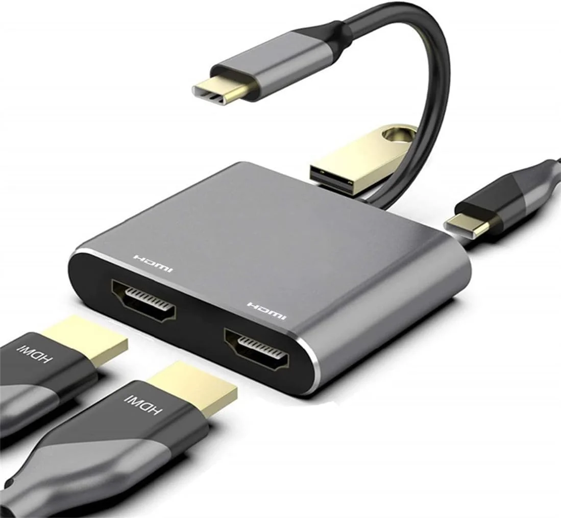 آداپتور چند پورت USB Type C به دو مانیتور 4 در 1، آداپتور USB C به دو HDMI، پشتیبانی از دو مانیتور 4K@30Hz و توسعه دهنده صفحه نمایش HD لپ تاپ برای ویندوز، مک-کروم بوک