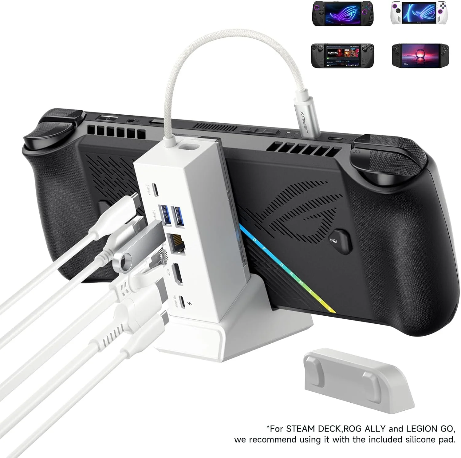 داک استیشن JSAUX سازگار با ROG Ally X/ROG Ally/Steam Deck/Legion Go، داک ROG Ally X شش در یک با HDMI 4K@120Hz، گیگابیت اترنت، USB دوگانه و USB-C 3.2 Gen 1، شارژ 100W PD - HB0609 سفید