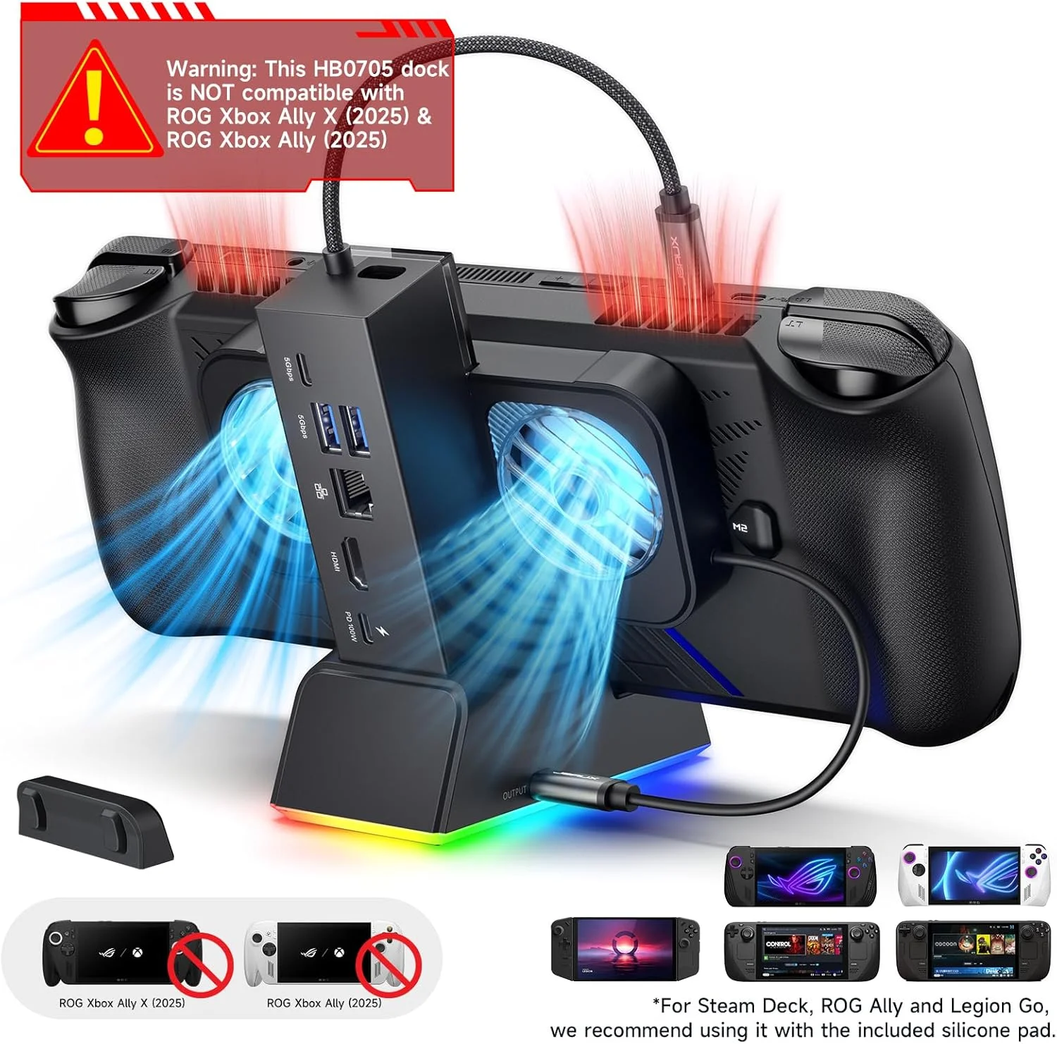 داک استیشن RGB مدل JSAUX برای ROG Ally X/ROG Ally/Steam Deck/Legion Go، داک 7 در 1 برای ROG Ally با HDMI 4K@120Hz، گیگابیت اترنت، USB دوگانه و USB C 3.0، شارژ 100W PD، فن خنک کننده RGB - HB0705