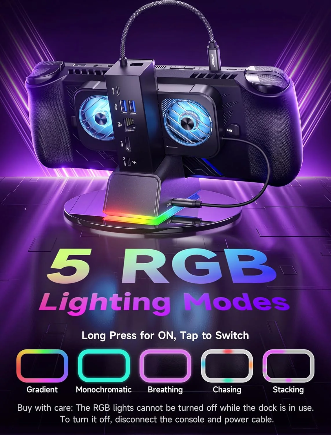 داک استیشن RGB مدل JSAUX برای ROG Ally X/ROG Ally/Steam Deck/Legion Go، داک 7 در 1 برای ROG Ally با HDMI 4K@120Hz، گیگابیت اترنت، USB دوگانه و USB C 3.0، شارژ 100W PD، فن خنک کننده RGB - HB0705