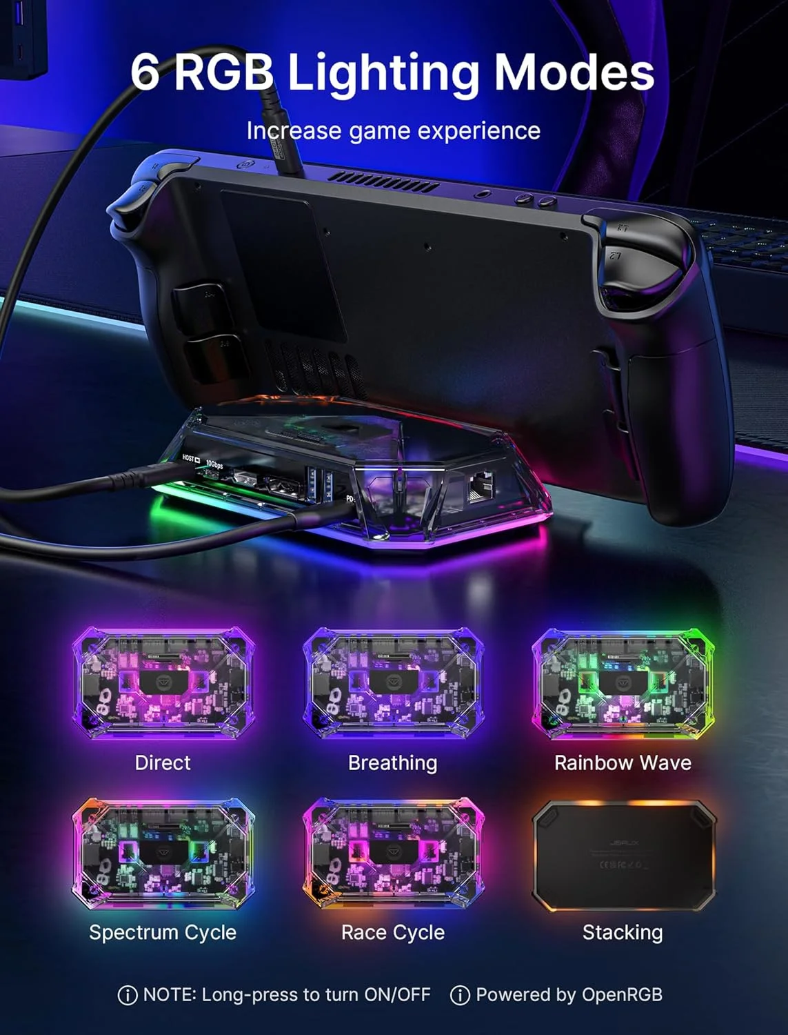 داک استیشن RGB مدل JSAUX برای استیم دک (OLED)/ROG Ally/Legion Go، داک استیم دک 12 در 1 با خروجی 4K@120Hz HDMI و DisplayPort، گیگابیت اترنت، USB-C 3.2، USB-A 3.2/2.0، اسلات SD/TF و جک 3.5 میلی‌متری - HB1201S