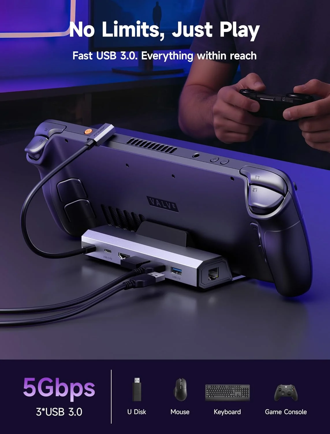 داک استیشن JSAUX سازگار با استیم دک، داک استیم دک 6 در 1 با HDMI 2.0 4K@60Hz، گیگابیت اترنت، 3 پورت USB A 3.0 و پورت USB C با سرعت شارژ کامل سازگار با Valve Steam Deck-HB0603