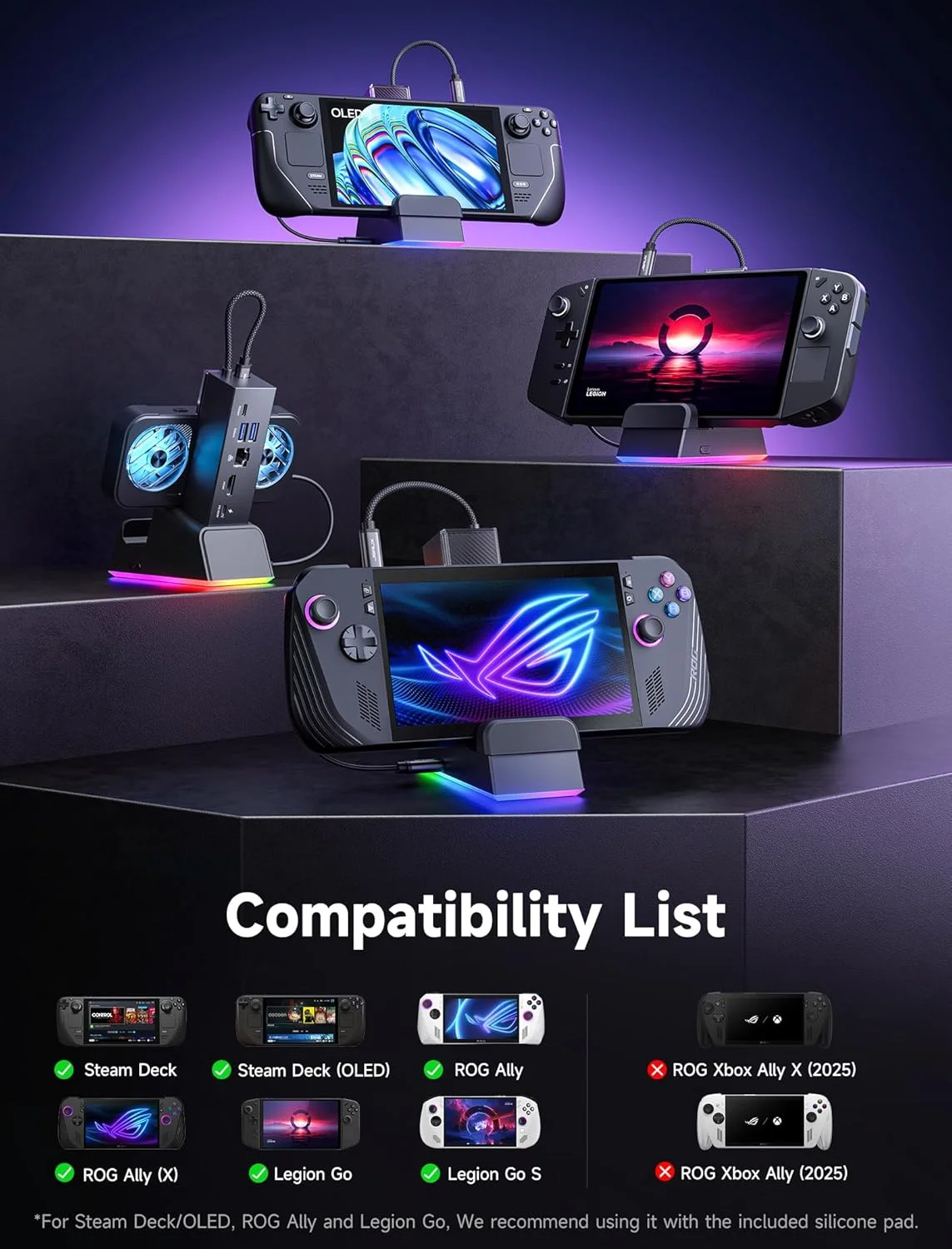 داک استیشن RGB مدل JSAUX برای ROG Ally X/ROG Ally/Steam Deck/Legion Go، داک 7 در 1 برای ROG Ally با HDMI 4K@120Hz، گیگابیت اترنت، USB دوگانه و USB C 3.0، شارژ 100W PD، فن خنک کننده RGB - HB0705