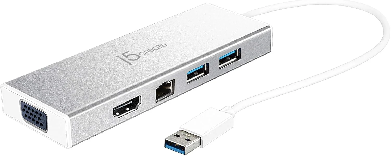 هاب 5 در 1 USB 3.0 جی 5 کریت (JUD380) | مینی داک USB 3.0 به HDMI و VGA با نمایشگر دوگانه، RJ45 گیگابیتی اترنت، 2 پورت USB-A 3.1، آداپتور انتقال داده با سرعت بالا برای مک، ویندوز و دسکتاپ