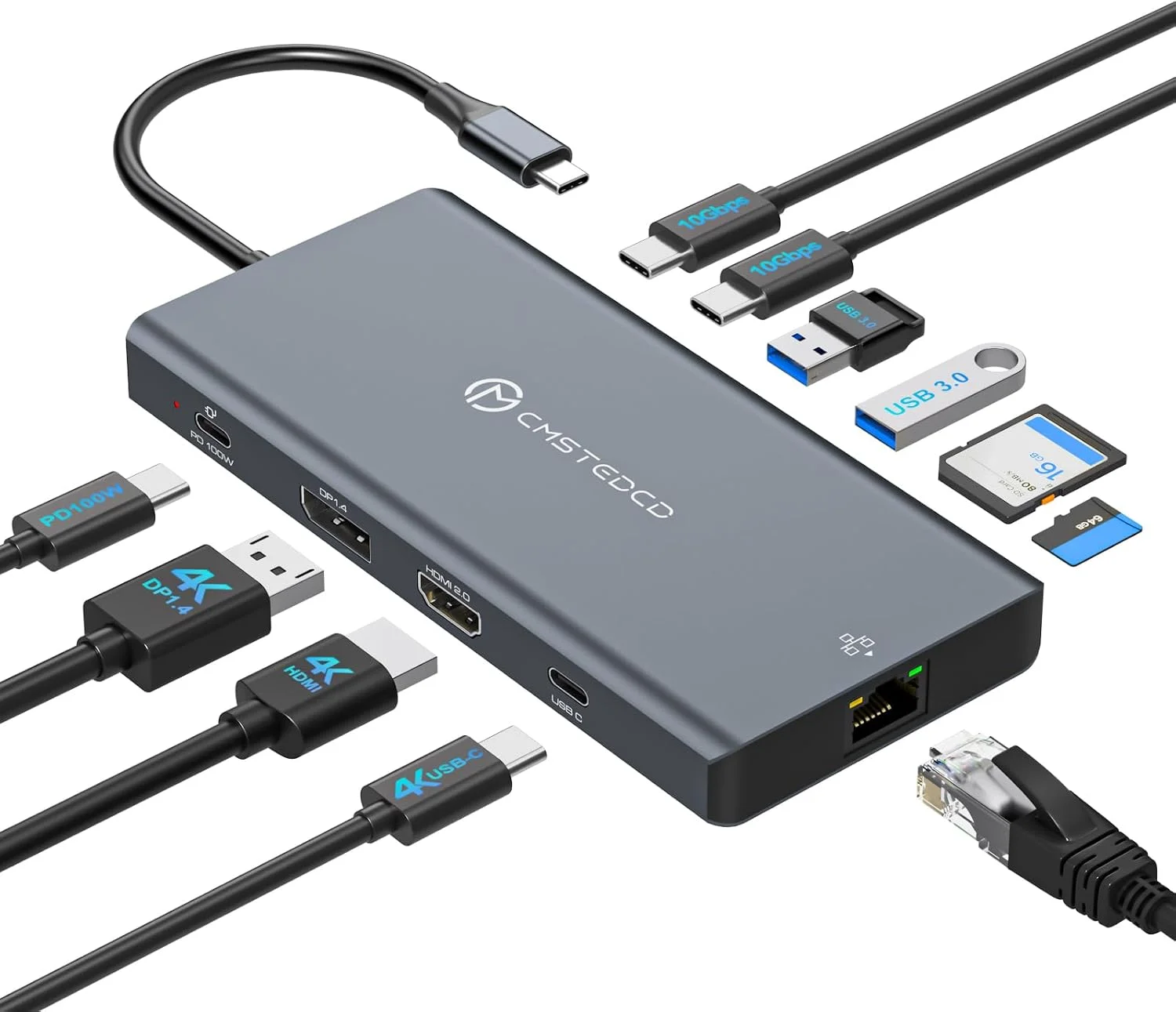 ایستگاه اتصال لپ تاپ USB C با قابلیت اتصال به 3 مانیتور با DisplayPort 4K@120Hz و HDMI 4K@60Hz و USBC 4K@60Hz، هاب 12 در 1 تاندربولت با USB A 3.0، USB C 3.2، اترنت، SD، TF، PD 100W