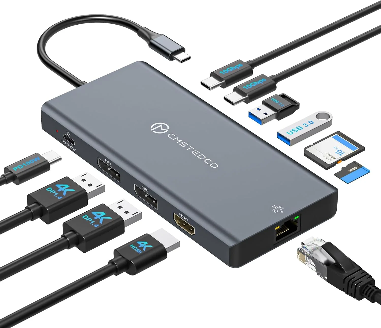 داک استیشن USB C مدل JCYLMELE با دو پورت DisplayPort 4K@120Hz و HDMI 4K@60Hz، داک استیشن 12 در 1 لپ تاپ با 3 مانیتور، هاب USBC با USB A 3.0، USB C 3.2، اترنت، SD، TF، PD 100W