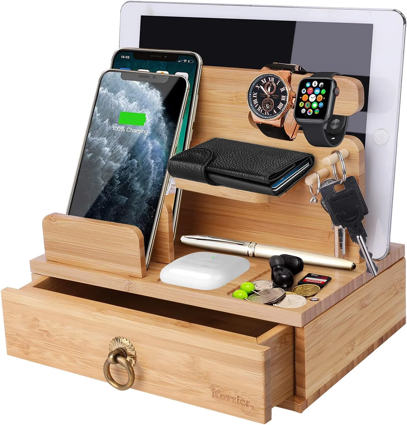 استند شارژ چندگانه رومیزی ایکوزیر بامبو، سازمان دهنده ساعت و جا کلیدی با کشو برای ساعت، پد، تلفن های هوشمند، تبلت ها، کیندل
