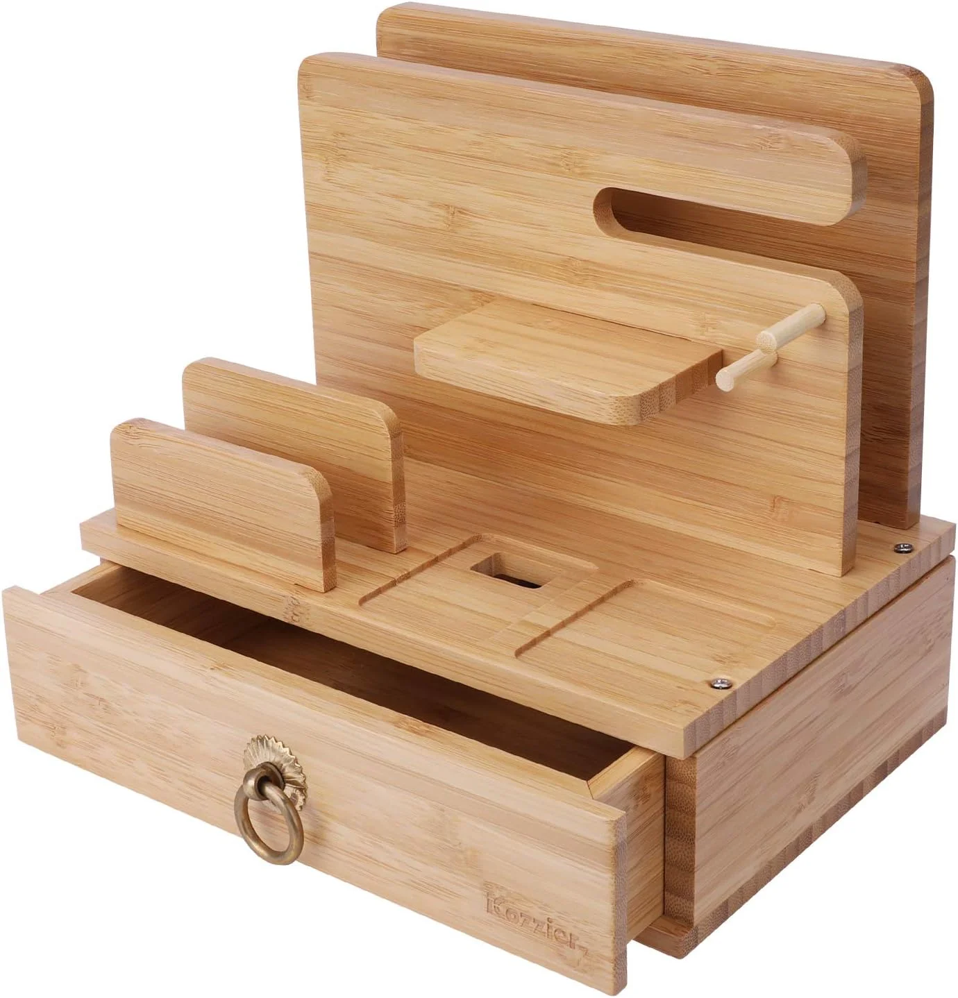 استند شارژ چندگانه رومیزی ایکوزیر بامبو، سازمان دهنده ساعت و جا کلیدی با کشو برای ساعت، پد، تلفن های هوشمند، تبلت ها، کیندل