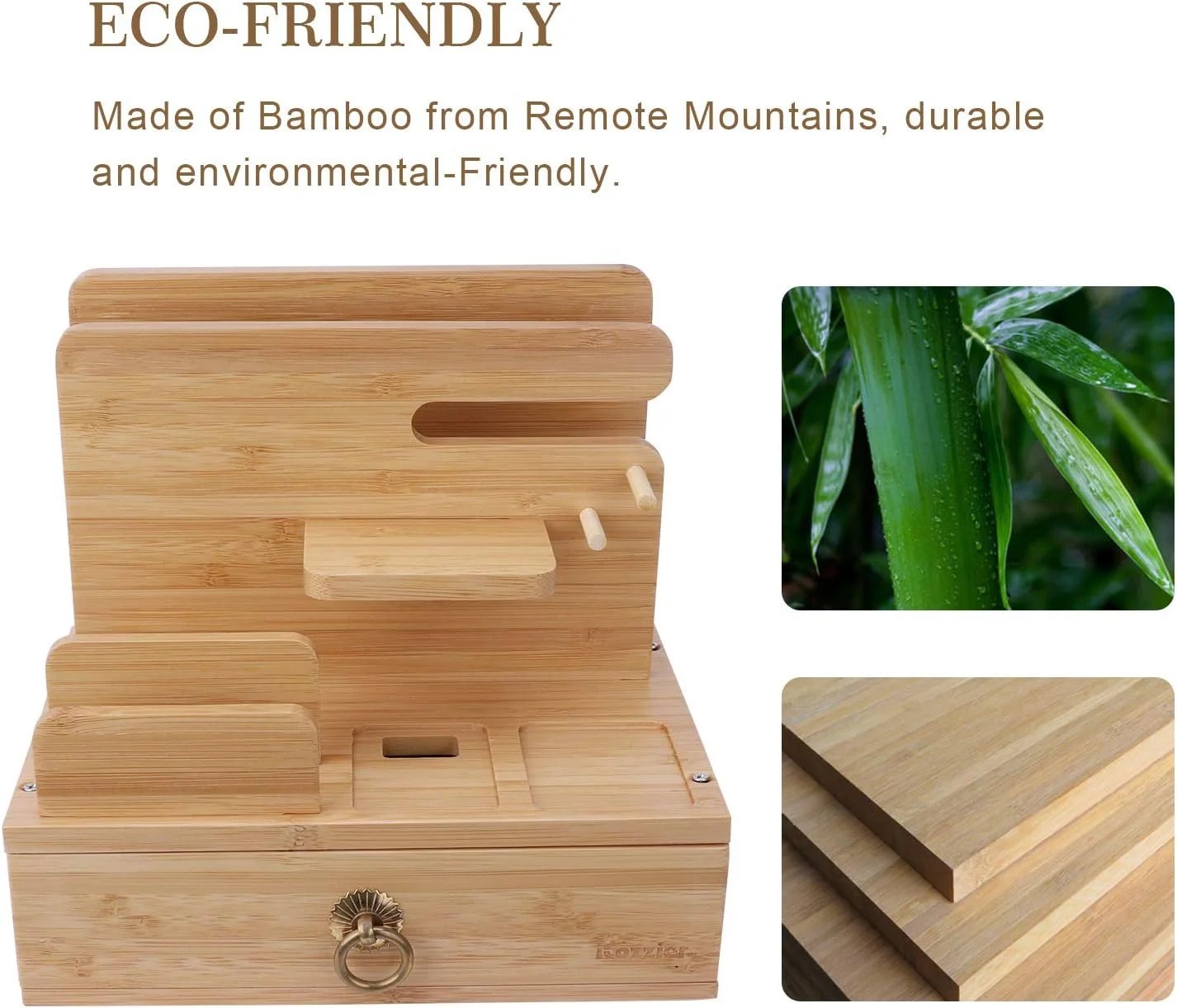 استند شارژ چندگانه رومیزی ایکوزیر بامبو، سازمان دهنده ساعت و جا کلیدی با کشو برای ساعت، پد، تلفن های هوشمند، تبلت ها، کیندل