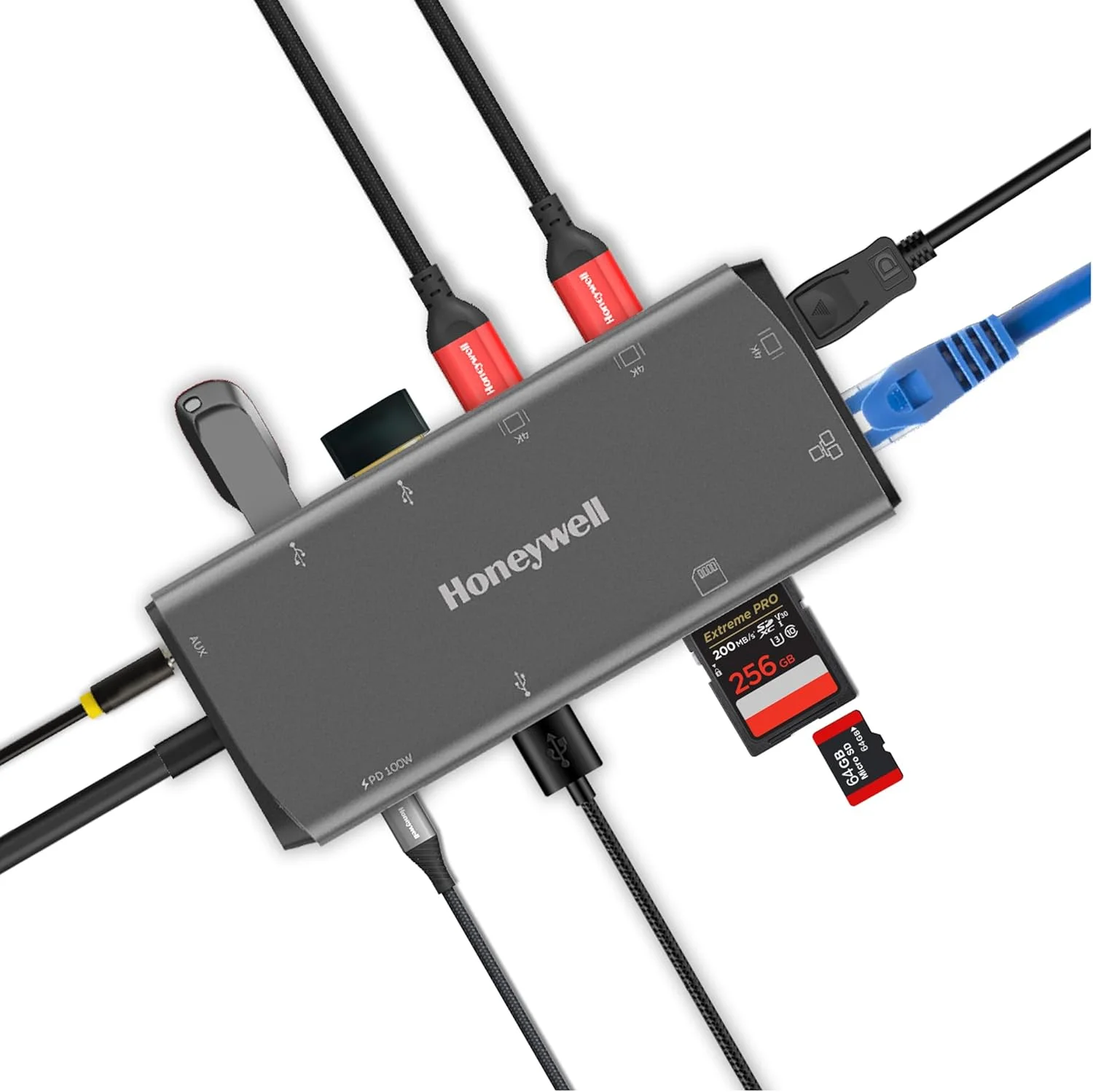 داک چند پورت 11 در 1 Honeywell Type-C با دو پورت HDMI 4K، پورت اترنت DP، RJ45، 2xUSB 3.0 و Type-C 3.0، پورت های صوتی 3.5 میلی متری، اسلات SD و MicroSD، سازگار با تمام دستگاه های Type-C - Windows، MAC