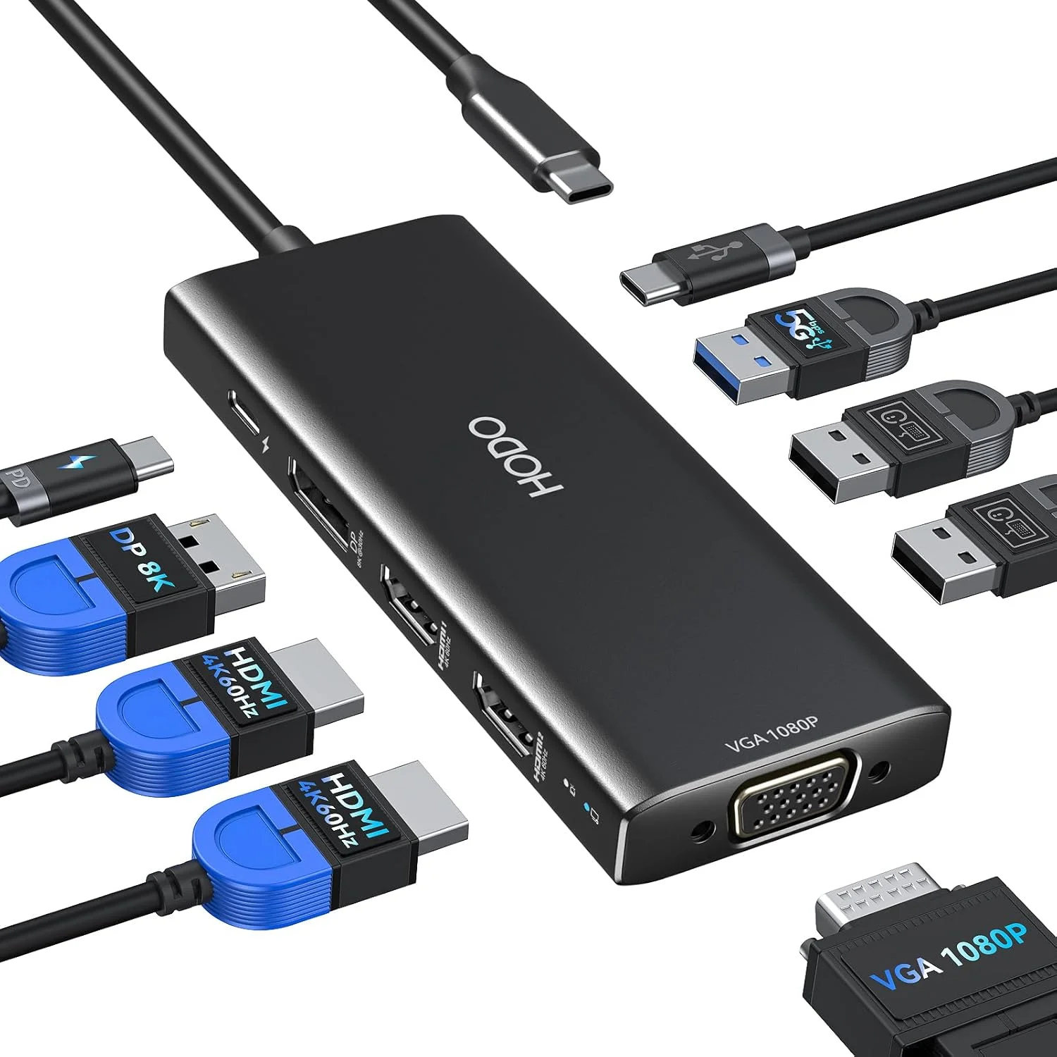 ایستگاه اتصال USB C برای لپ‌تاپ‌های Dell و HP، ایستگاه اتصال لپ‌تاپ با قابلیت اتصال به 3 مانیتور و نمایشگر چهارگانه، هاب USB C با پورت‌های 2 HDMI 4K، DP 8K، VGA، 4 USB، PD، آداپتور 9 در 1