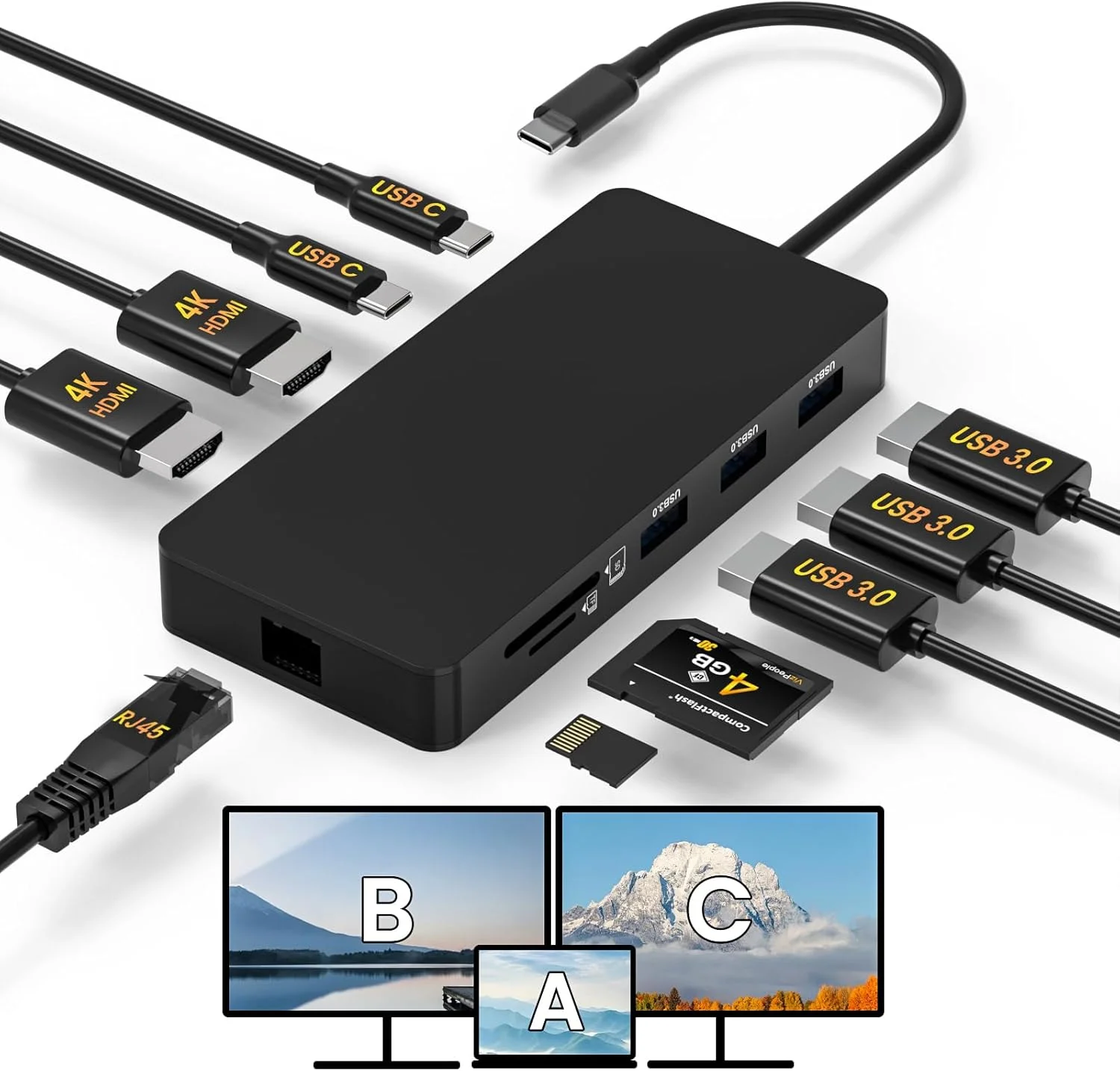 داک استیشن لپ تاپ با دو خروجی HDMI 4K، اسپلیتر USB C به 2 HDMI با قابلیت نمایش گسترده، پورت LAN با سرعت 1000 مگابیت بر ثانیه، پورت های USB A و C 3.0 (با سرعت 10 گیگابیت بر ثانیه)، کارت خوان SD/TF، شارژ 100 واتی PD، فقط در MacOS صفحه نمایش را آینه می کند