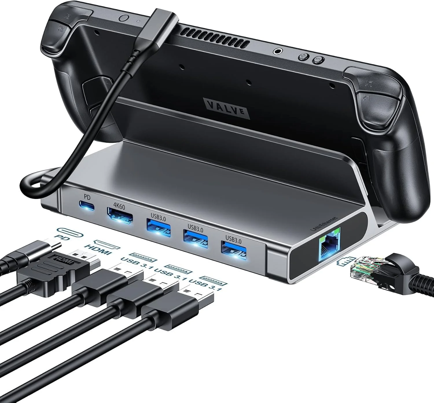 داک استیشن 6 در 1 با خروجی HDMI 2.0 4K@60Hz، اترنت گیگابیتی، 3 پورت USB-A 3.0 و پورت USB-C PD با سرعت شارژ کامل، سازگار با Valve Stream Deck/ROG Ally