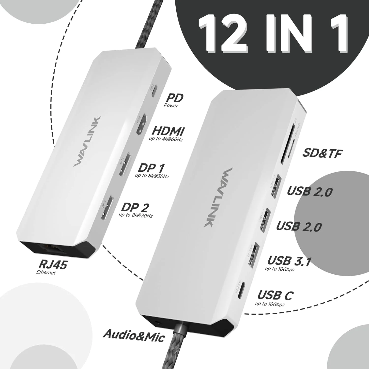داک استیشن 10 گیگابیت بر ثانیه با پشتیبانی از دو مانیتور، داک استیشن WAVLINK Displayport با پشتیبانی از سه نمایشگر با دو پورت DP، پورت HDMI، پورت PD 100W، پورت RJ45، هاب USB 3.1 A/C 12 در 1، داک USB C برای مک/دل/اچ پی/لنوو