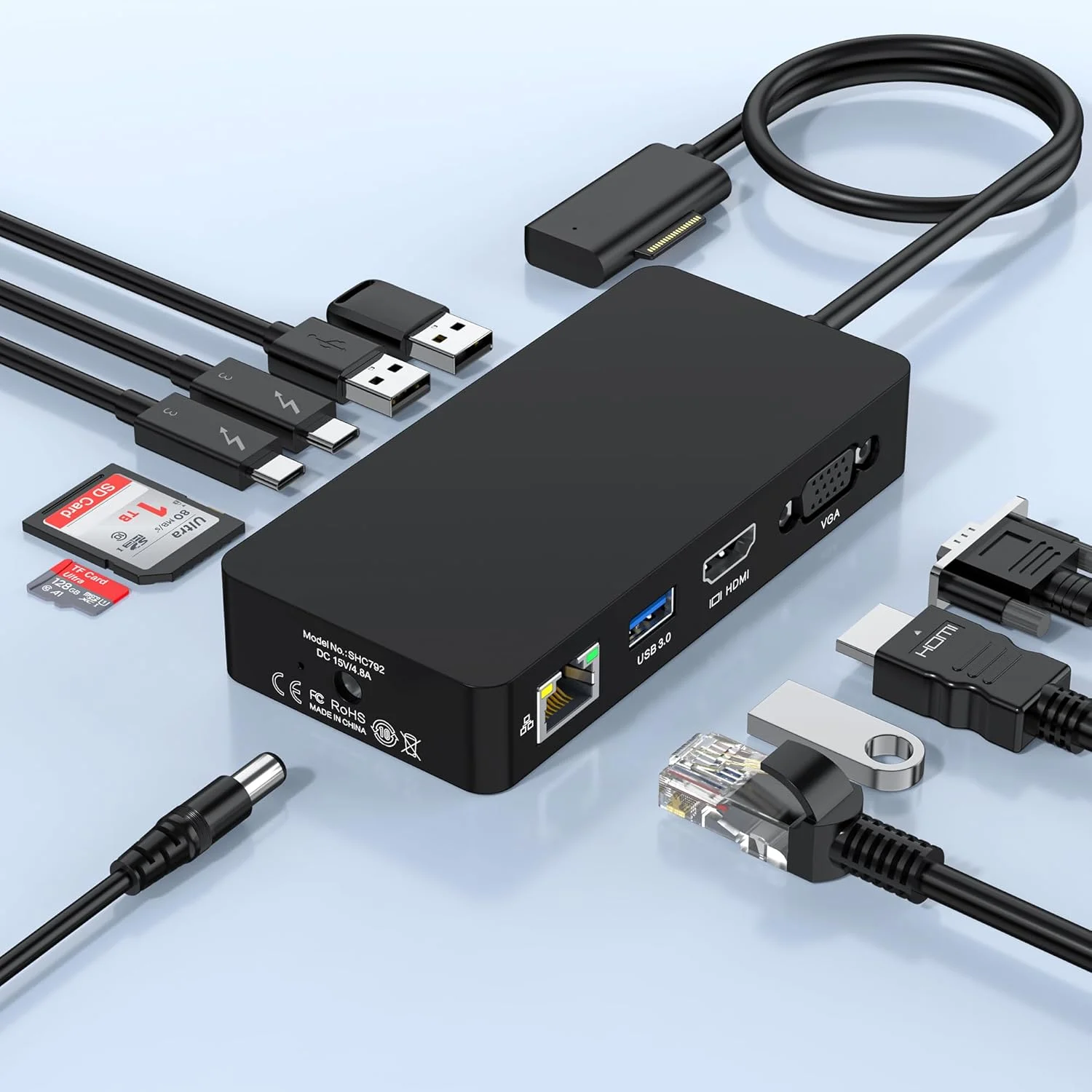 داکینگ استیشن 11 در 1، مانیتور دوگانه برای 4K HDMI + 1080p VGA، USB 3.0 با سرعت 5 گیگابیت بر ثانیه (Type-A/2x Type-C)، 2 عدد USB A 2.0، SD/TF، DC in، RJ45، آداپتور داکینگ استیشن لپ تاپ برای Microsoft Surface