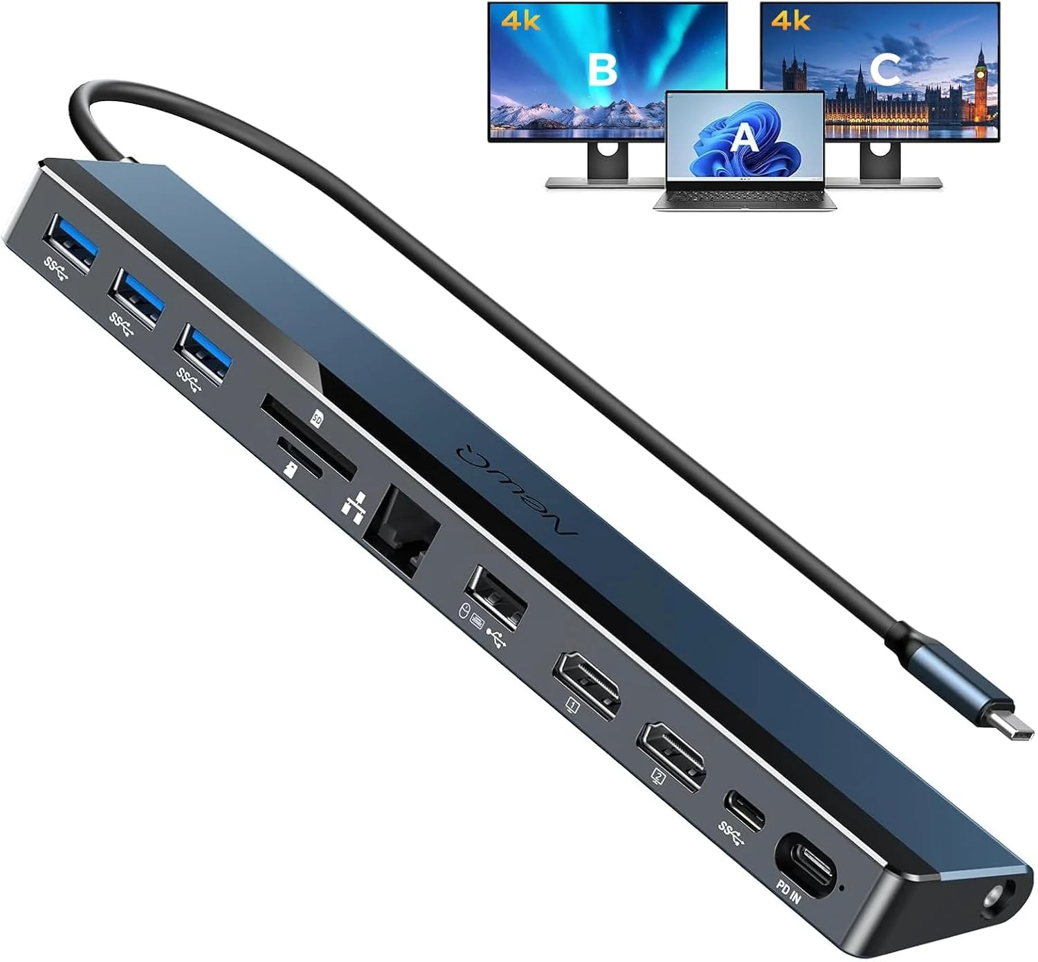 داک استیشن USB C مانیتور دوگانه، داک لپ تاپ 12 در 1 با دو HDMI 4K@30~60Hz، ورودی PD 100W، پورت های USB 5Gbps*4، اسلات SD/TF، اترنت گیگابیتی، صدای 3.5 میلی متری برای MacBook/Dell/HP/Lenovo/Asus/Acer