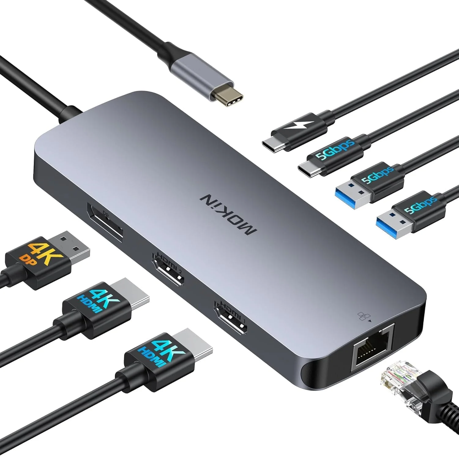داک استیشن USB C مانیتور دوگانه MOKIN، هاب USB C هشت در یک با 2 پورت HDMI، DisplayPort، گیگابیت اترنت، شارژ 100 واتی PD، 3 پورت USB A/C 3.0، داک استیشن لپ تاپ برای MacBook/Dell/HP/Lenovo/Surface