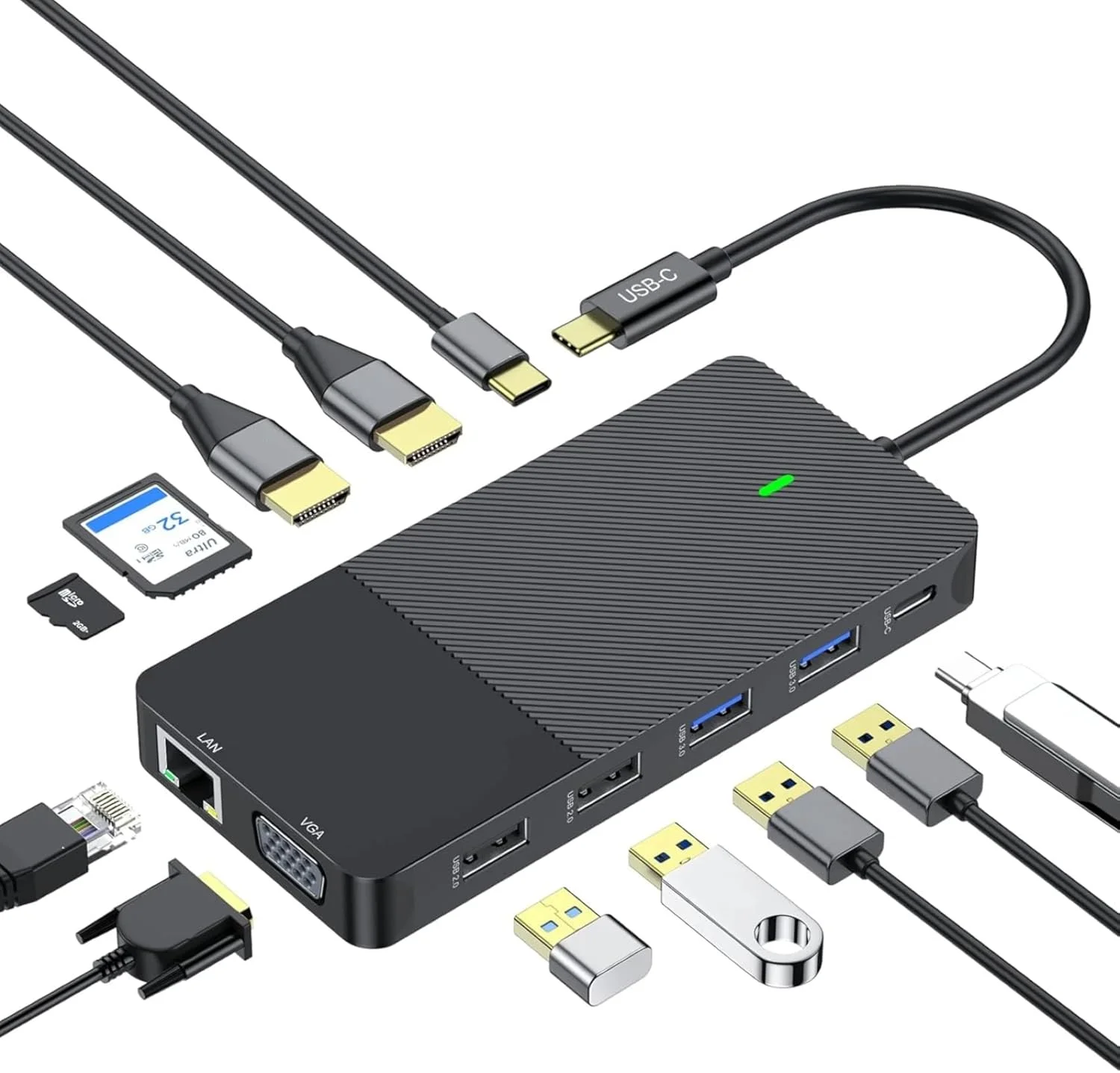 داک استیشن USB C دوازده در یک با دو خروجی HDMI 4K، VGA، گیگابیت اترنت، شارژ 100 واتی PD، چهار پورت USB، کارت خوان SD/TF برای مک بوک/ویندوز/لپ تاپ