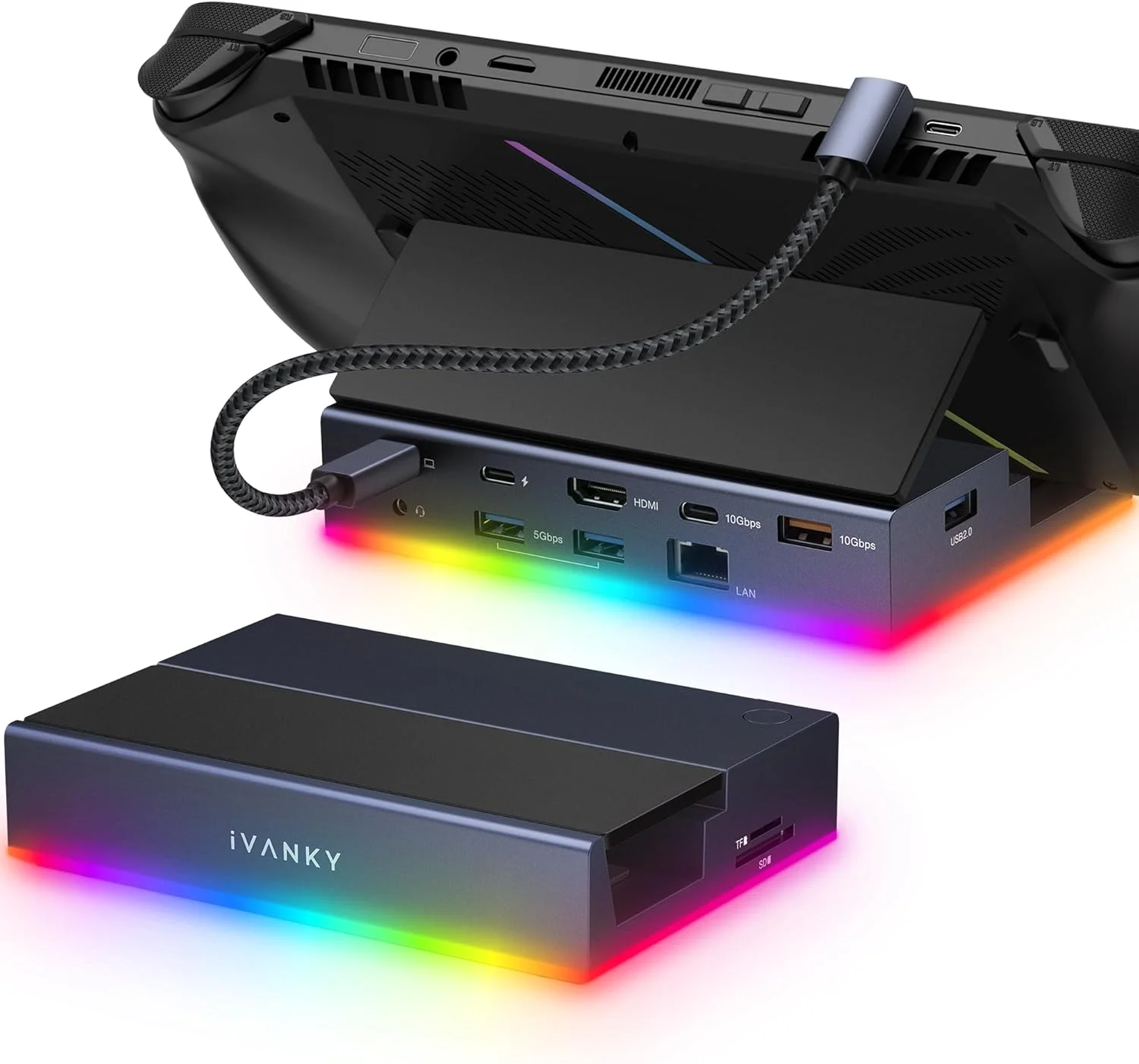 ایستگاه اتصال 14 در 1 RGB 4K@144Hz آی‌ونکی برای Valve Steam Deck OLED/ASUS ROG Ally X/Legion Go، داک تاشو با HDMI 2.1، گیگابیت اترنت، USB 3.2 10Gbps، اسلات SD/TF، شارژ 100W