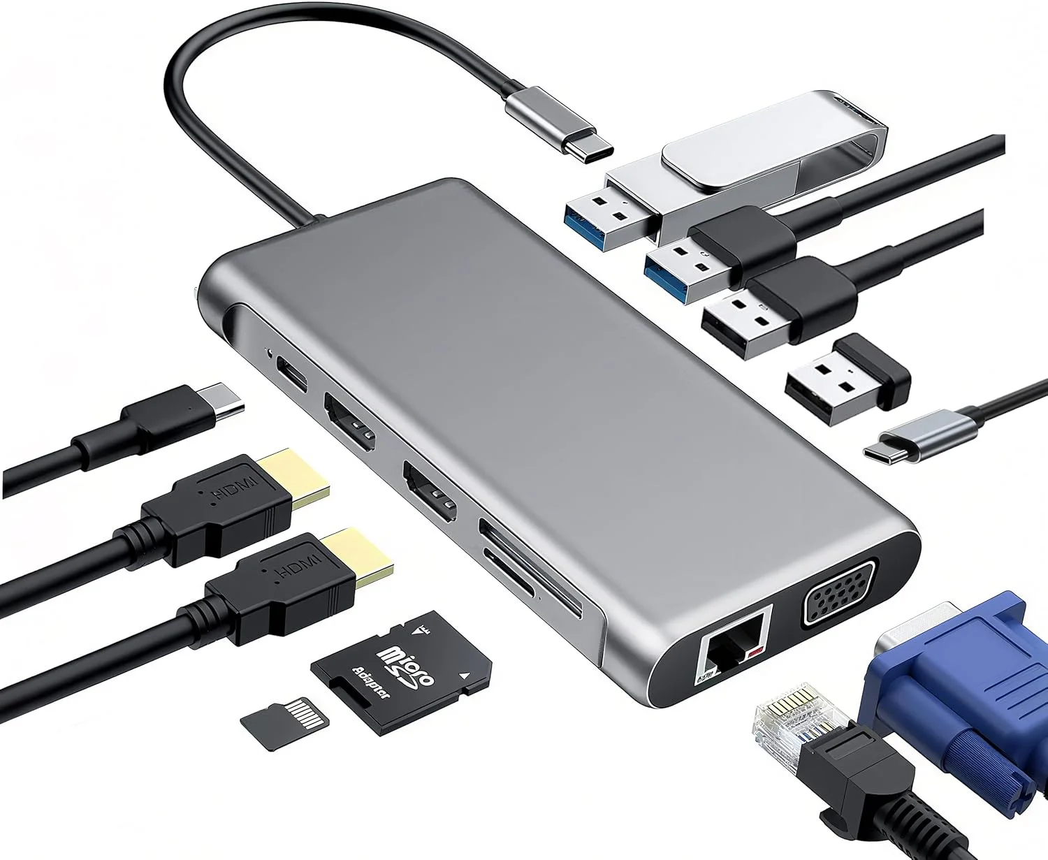 داک استیشن USB C دوازده در یک با دو پورت HDMI، کیفیت 4K@60Hz، اترنت گیگابیتی، شارژ سریع 100 واتی، پورت های USB 3.0/2.0، کارت خوان SD/TF - مناسب برای لپ تاپ های دارای پورت Type C