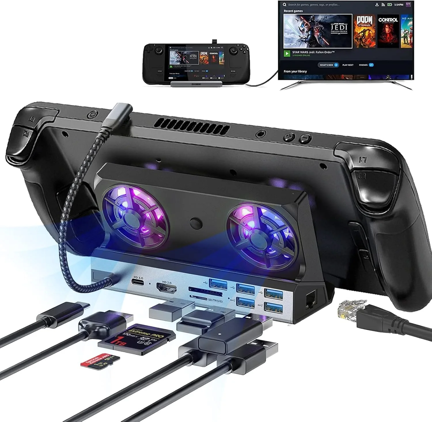 داک استیشن 10 در 1 برای استیم دک OLED، ROG Ally و Legion Go، دارای دو فن خنک کننده، 5 پورت USB و خروجی 4K@60Hz، پورت شارژ 100 واتی با پشتیبانی از حالت 30 واتی ROG Ally، پورت اترنت گیگابیتی مناسب برای استیم دک OLED داک استیشن 10 در 1 برای استیم دک OLED، ROG Ally و Legion Go، دارای دو فن خنک کننده، 5 پورت USB و خروجی 4K@60Hz، پورت شارژ 100 واتی با پشتیبانی از حالت 30 واتی ROG Ally، پورت اترنت گیگابیتی مناسب برای استیم دک OLED