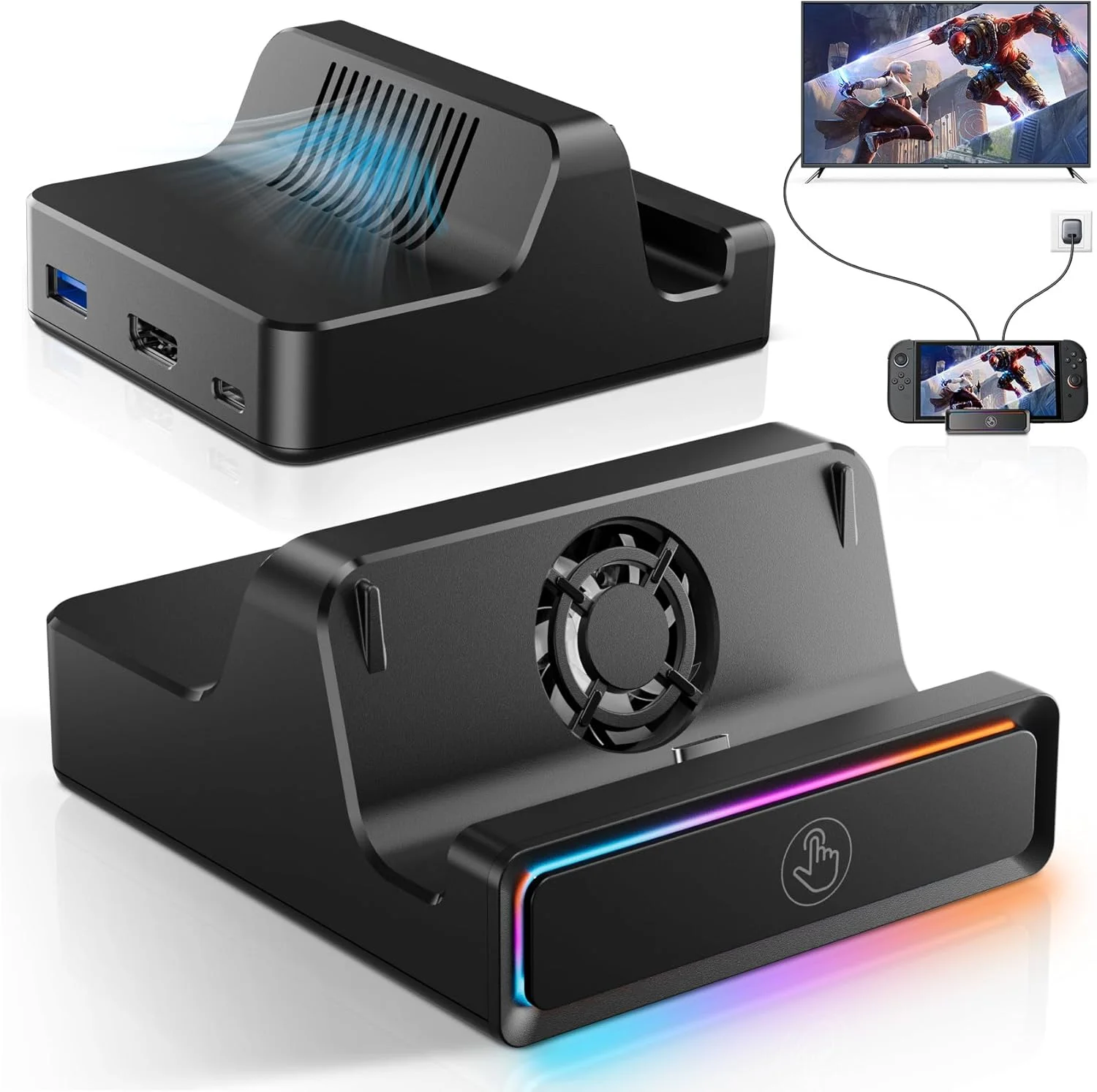 داک برای سوییچ 2 – ایستگاه اتصال قابل حمل با آداپتور HDMI 4K@60Hz، پورت های USB 3.0، نور RGB و فن خنک کننده، جایگزین داک مسافرتی تلویزیون برای لوازم جانبی نینتندو سوییچ 2