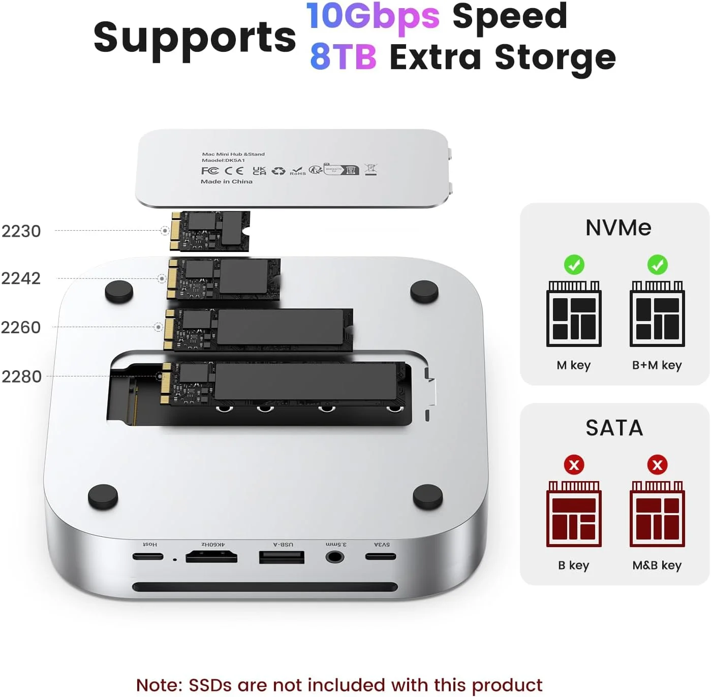 داک مک مینی M4 با محفظه NVMe SSD، هاب مک مینی M4 با HDMI 4K@60Hz، دو پورت USB A با سرعت 10 گیگابیت بر ثانیه، یک پورت USB A با سرعت 5 گیگابیت بر ثانیه، شارژ USB-C، SD/TF، صدا 3.5 میلی‌متری، ایستگاه داک مک مینی برای مک مینی M4/M4 Pro