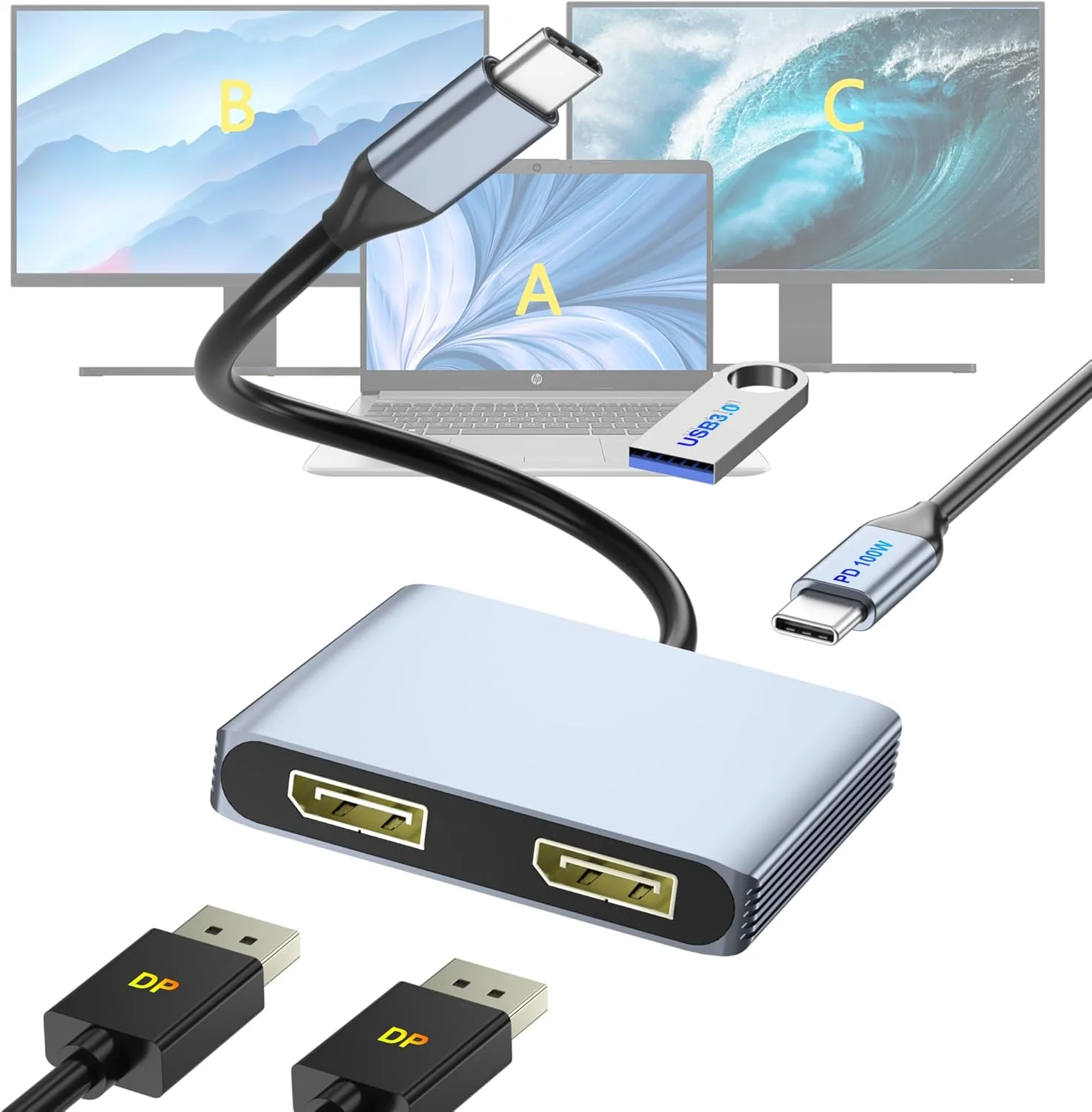 هاب DisplayPort برای دو مانیتور، آداپتور USB-C به DisplayPort با کیفیت 4K@60Hz، داک استیشن Type-C برای Dell/HP/Mac، هاب Display Port MST با USB3.0/PD، هاب Display Port برای دو مانیتور