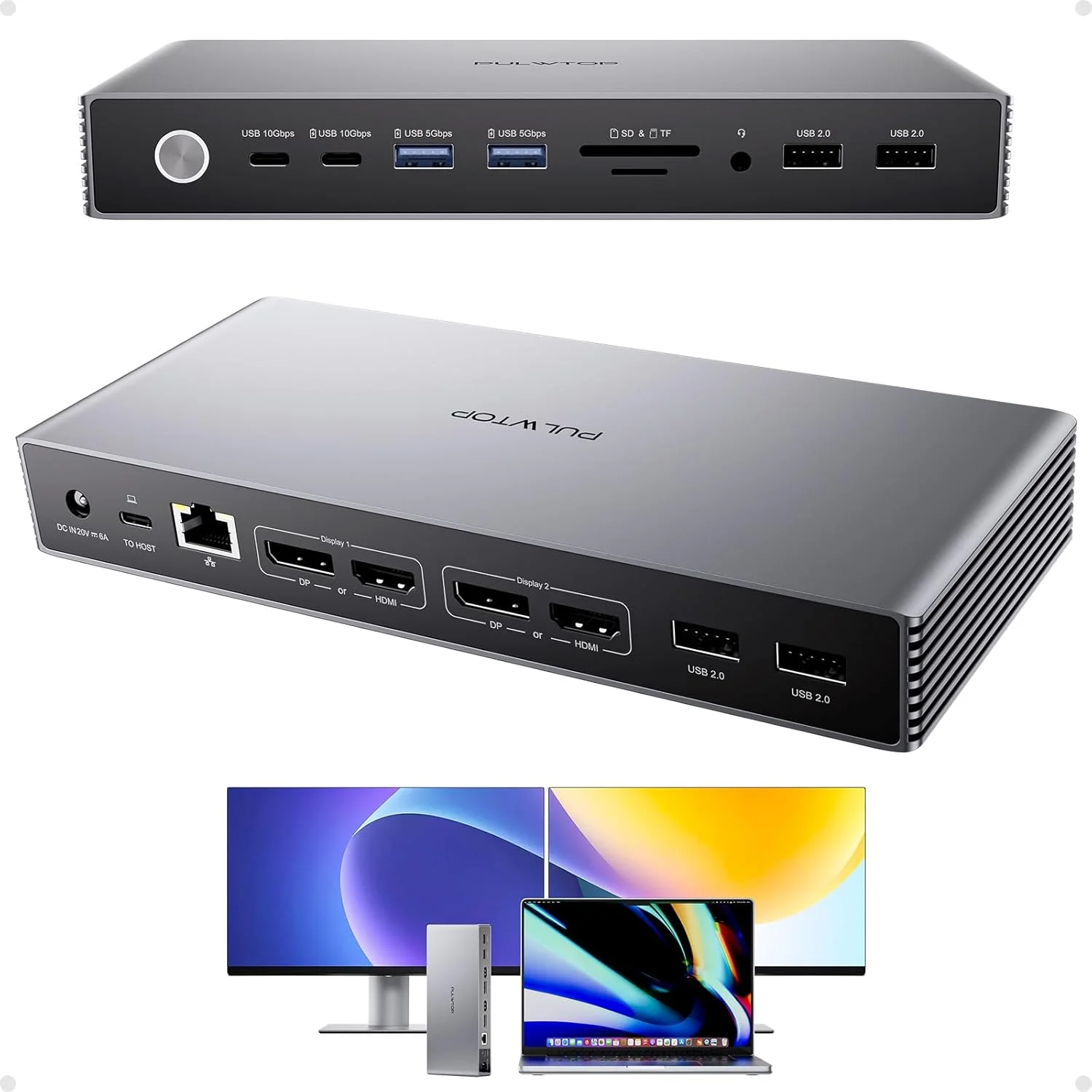 داک استیشن Displaylink، داک DisplayLink دو نمایشگر PULWTOP USB C برای MacBook M1/M2/M3/M4 Windows، داک Displaylink 4K@60Hz با 2HDMI، 2 پورت نمایشگر، 2USB C دیتا، 6 USBA، اترنت، صدا