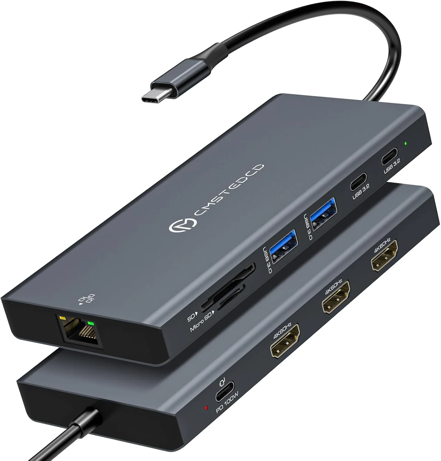 داک استیشن لپ تاپ USB C، 3 مانیتور 100W PD 4K60Hz 12 در 1 داک استیشن سه گانه HDMI هاب USB C آداپتور چندگانه، 2xUSB-C 3.2، 2xUSB-A 3.0، اسلات کارت SD، اترنت 1000 مگابیت بر ثانیه