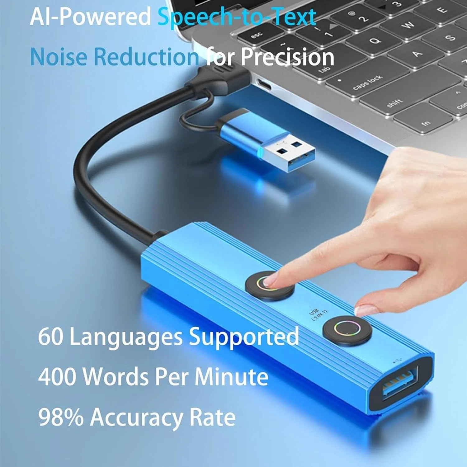 داک استیشن لپ تاپ هوش مصنوعی، هاب 5 در 1 با 3 پورت USB 3.0 با قابلیت تبدیل صدا به متن، ترجمه و ابزار تبدیل فایل برای دفاتر خانگی، کار از راه دور و سفرهای کاری