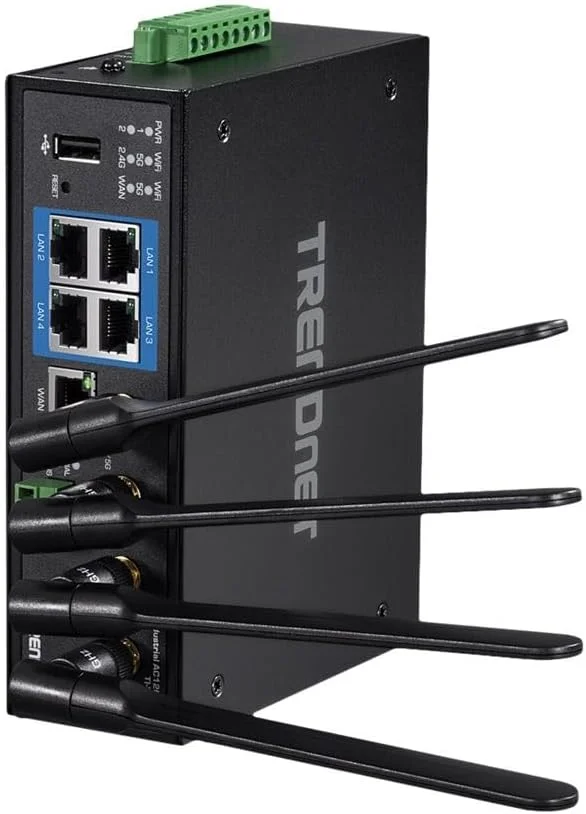 روتر گیگابیتی بی‌سیم دو بانده AC1200 صنعتی TRENDnet مدل TI-W100 با 4 پورت گیگابیتی PoE+، 1 پورت گیگابیتی WAN، بدنه IP30، دو WAN، VPN، نصب روی ریل DIN، سازگار با NDAA + TAA