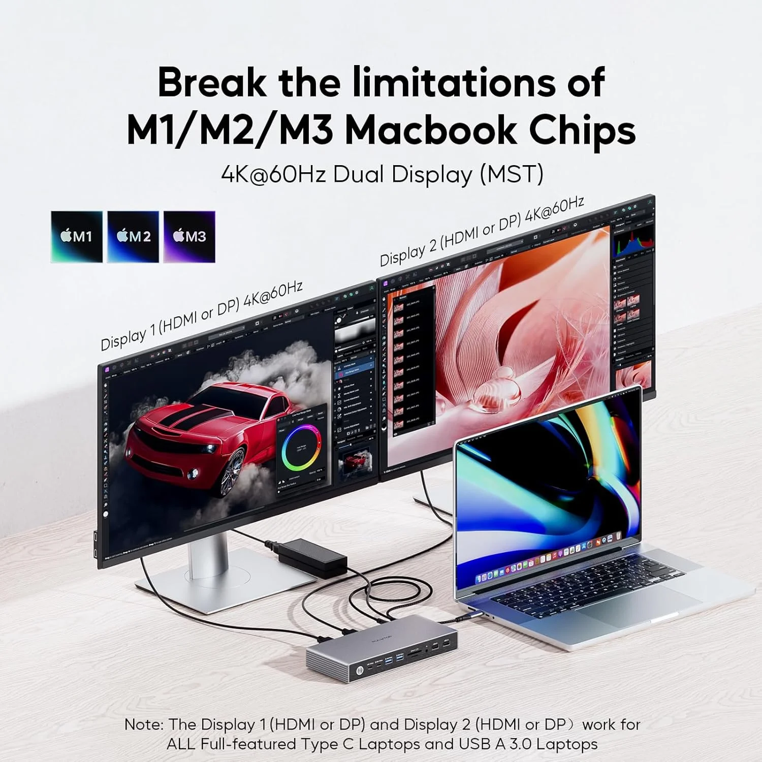 داک استیشن Displaylink، داک DisplayLink دو نمایشگر PULWTOP USB C برای MacBook M1/M2/M3/M4 Windows، داک Displaylink 4K@60Hz با 2HDMI، 2 پورت نمایشگر، 2USB C دیتا، 6 USBA، اترنت، صدا