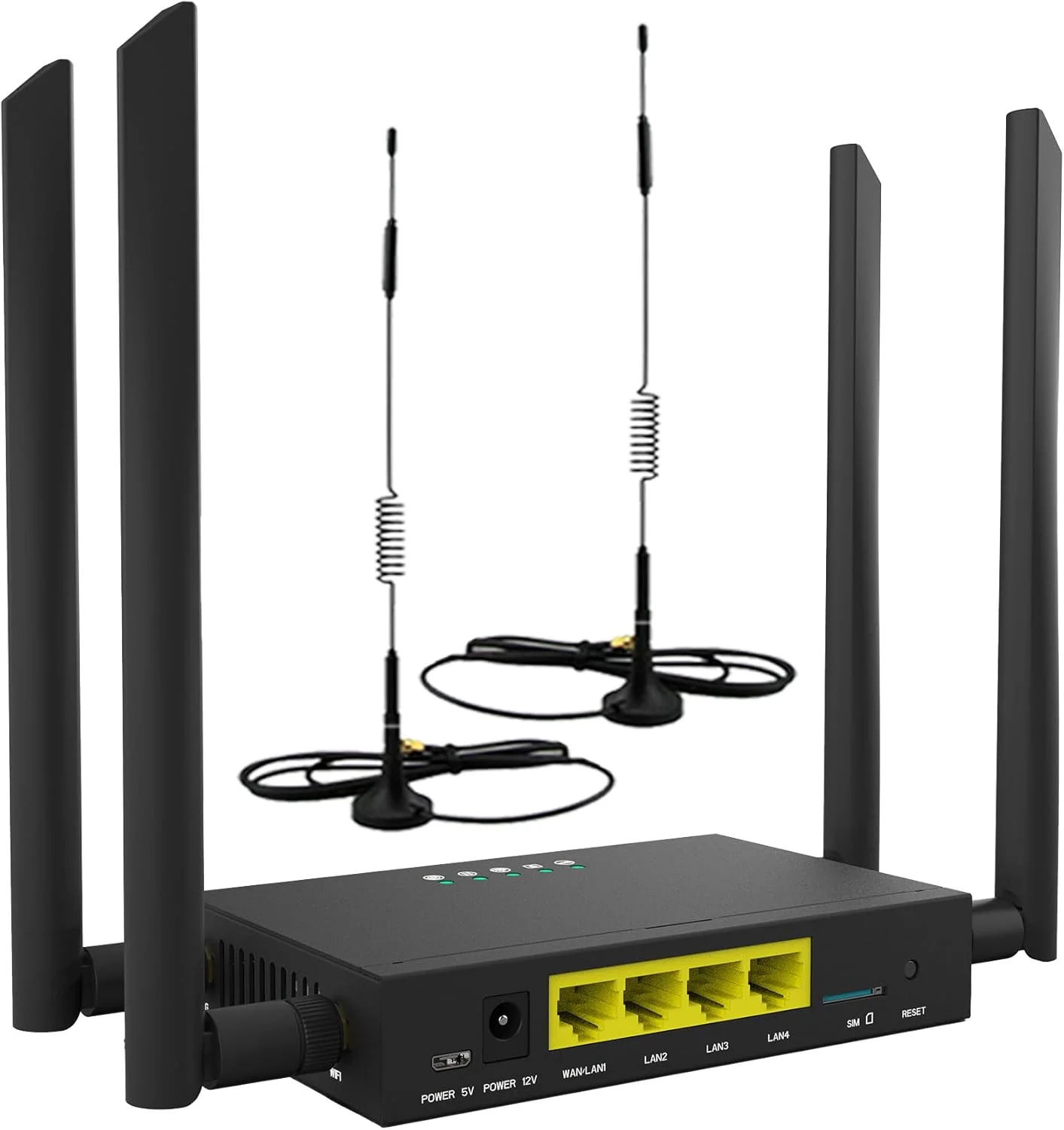 روتر وای فای سیم کارت خور 4G LTE مدل GC111 با بدنه فلزی مقاوم، پشتیبانی از 32 کاربر وای فای، دارای 4 پورت RJ45، دو ورودی برق 12V/5V، آنتن های SMA بزرگ به همراه کابل 1.5 متری و آنتن های 4G و پشتیبانی از زبان های مختلف