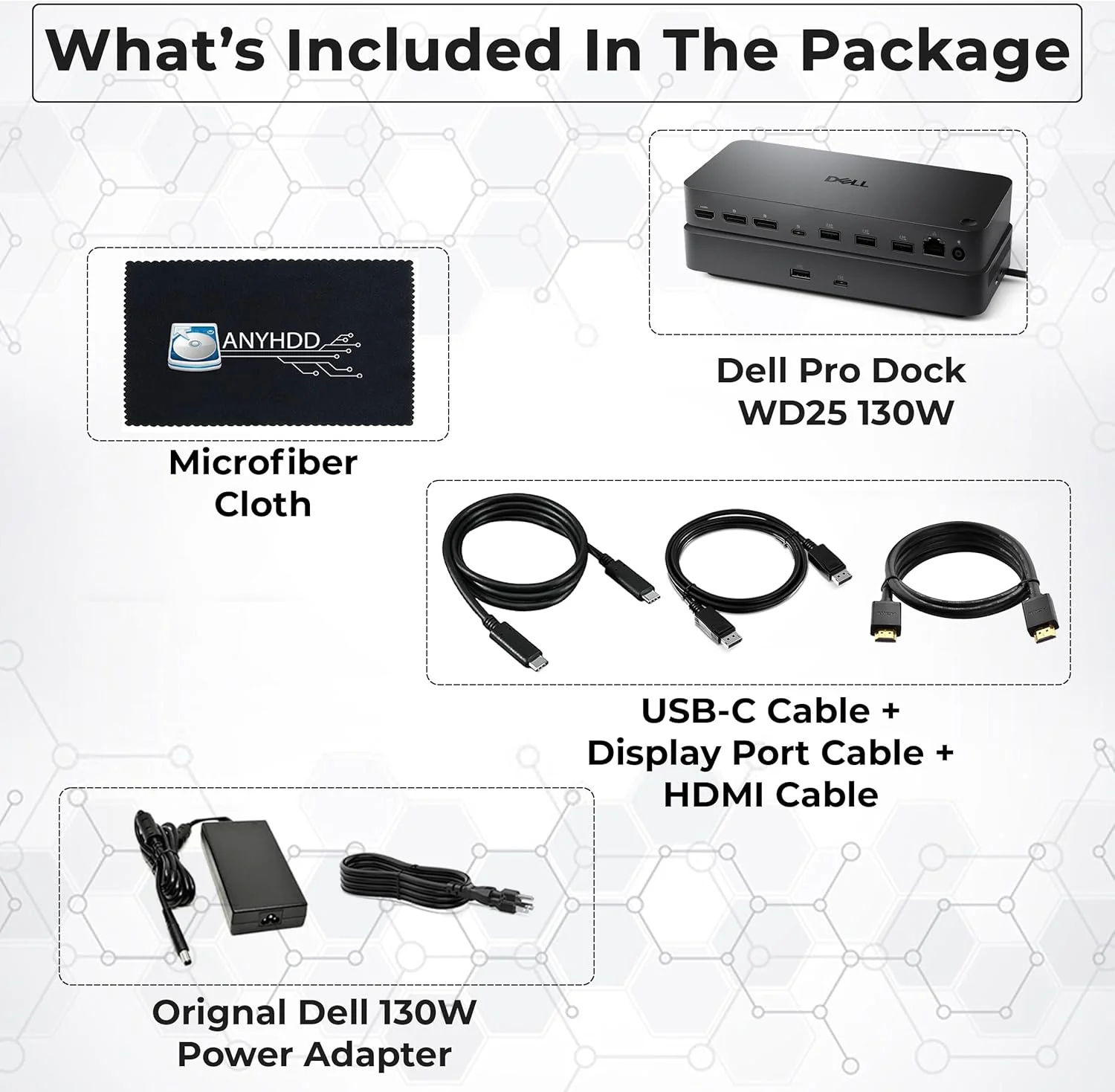 دِل پرو داک WD25 - ایستگاه اتصال USB-C، پشتیبانی از نمایشگر دوگانه، اترنت 2.5GbE - ایستگاه اتصال دِل با آداپتور 130 واتی، HDMI، DisplayPort، کابل USB-C، پارچه