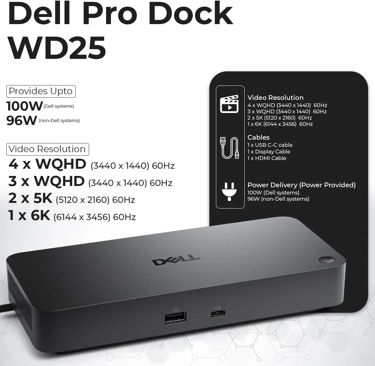 دِل پرو داک WD25 - ایستگاه اتصال USB-C، پشتیبانی از نمایشگر دوگانه، اترنت 2.5GbE - ایستگاه اتصال دِل با آداپتور 130 واتی، HDMI، DisplayPort، کابل USB-C، پارچه