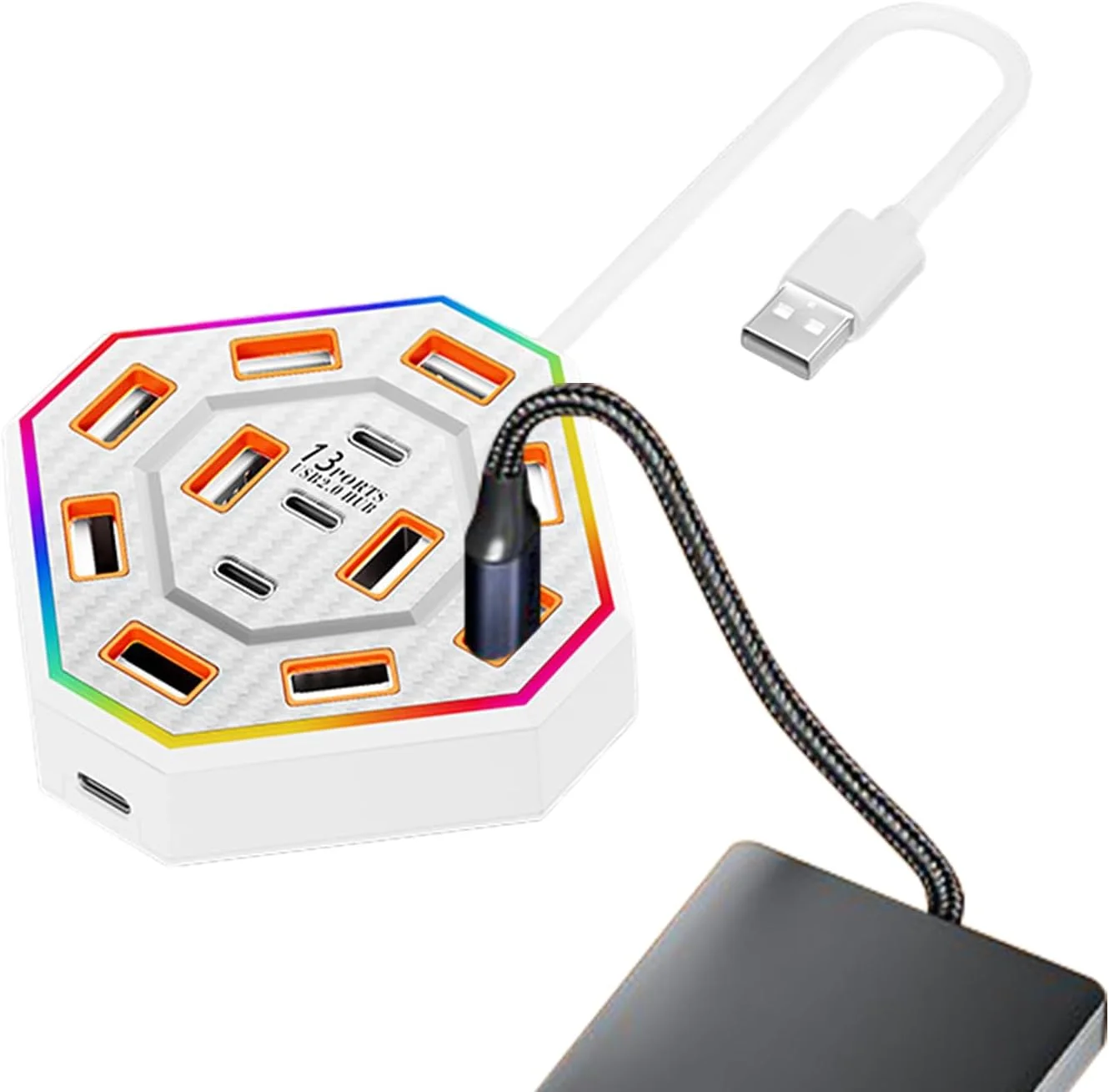 داک استیشن کامپیوتر - داک استیشن آداپتور USB 13 پورت - لوازم جانبی الکترونیکی RGB با محافظت در برابر اضافه بار برای کار، کتابخانه، مدرسه، خانه، خوابگاه، آپارتمان