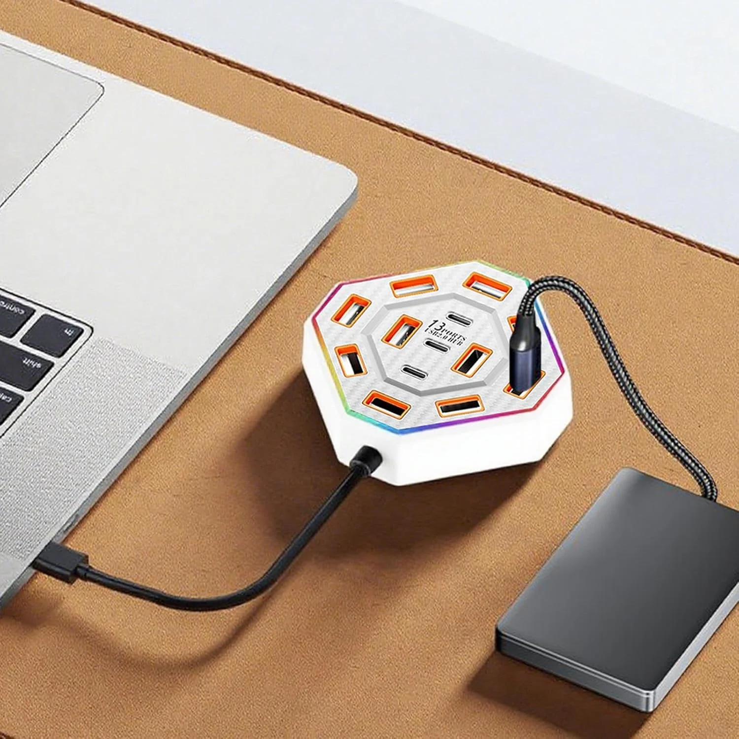 ایستگاه اتصال کامپیوتر، ایستگاه اتصال USB با 13 پورت | نورپردازی 7 رنگ برای کار با لوازم الکترونیکی برای دانشجویان زن و مرد، بزرگسالان، مدرسه و آپارتمان