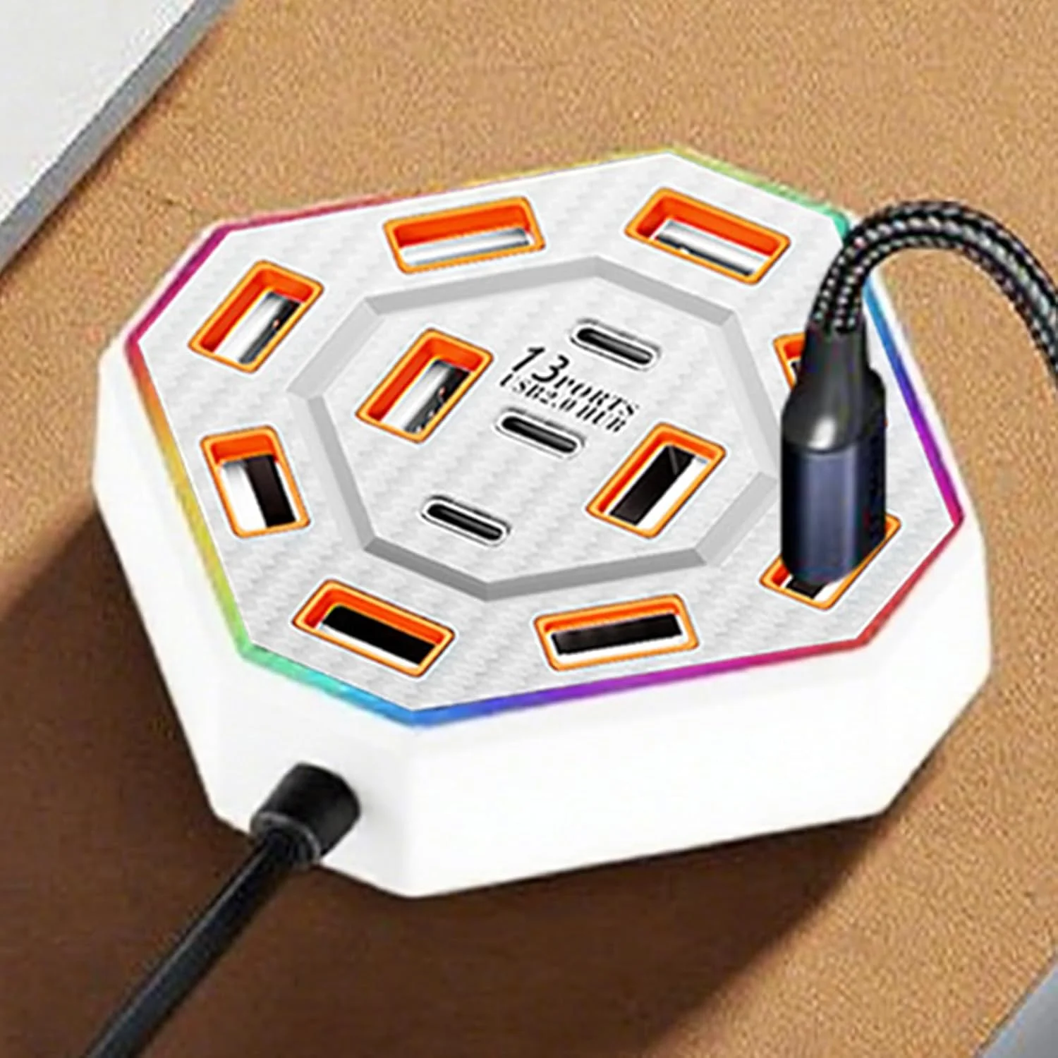 ایستگاه اتصال کامپیوتر، ایستگاه اتصال USB با 13 پورت | نورپردازی 7 رنگ برای کار با لوازم الکترونیکی برای دانشجویان زن و مرد، بزرگسالان، مدرسه و آپارتمان