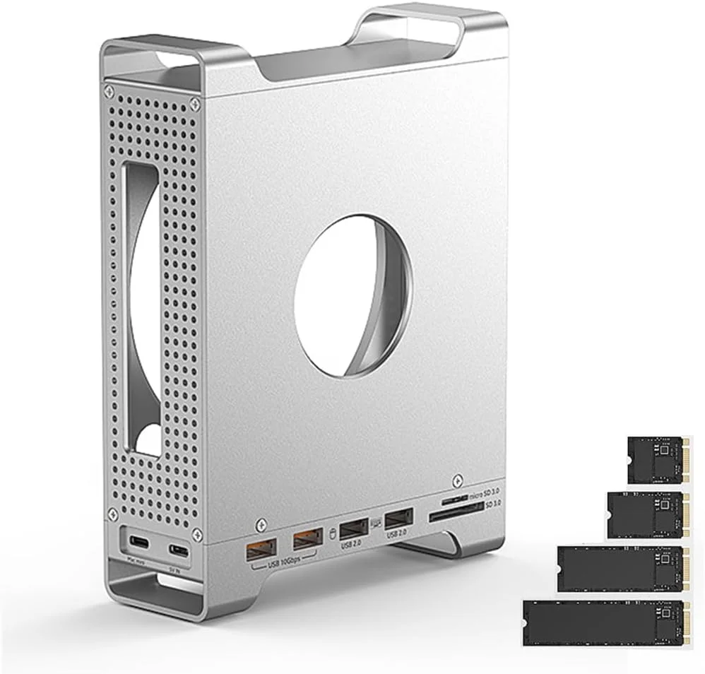 محفظه فلزی با هاب USB C برای مک مینی M4/M4 Pro، پایه خنک کننده ایستگاه داک با اسلات SSD M.2 NVMe تا 8 ترابایت، پورت USB 10 گیگابیت بر ثانیه، پورت SD3.0 TF3.0، نقره ای