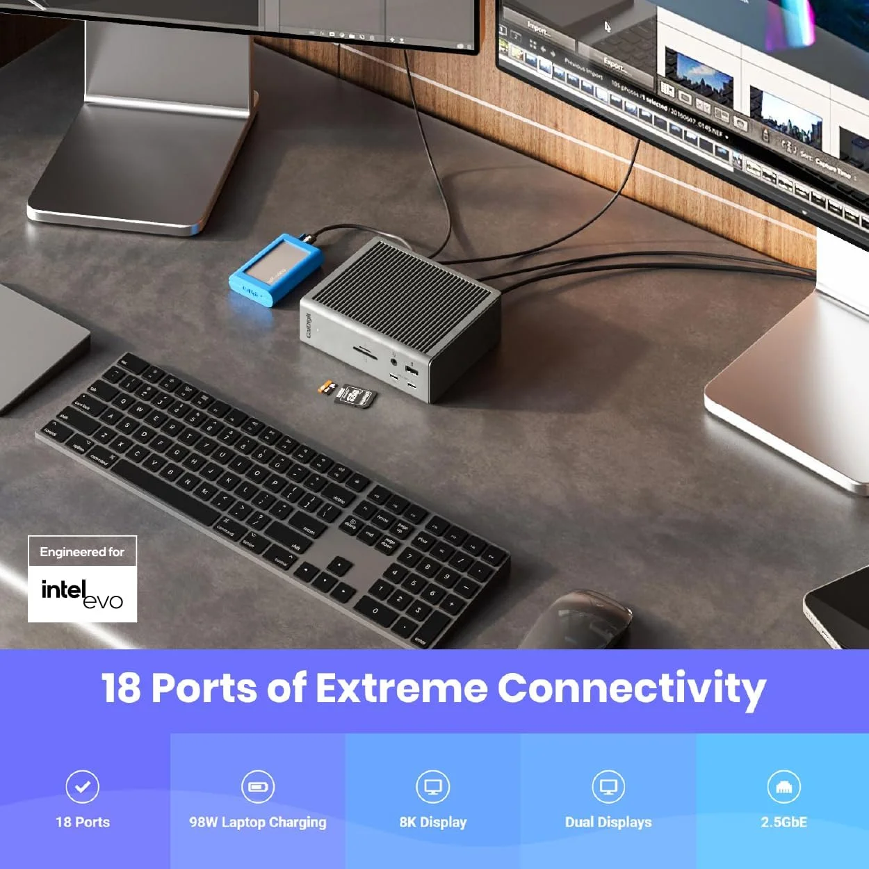 داک CalDigit TS4 Thunderbolt 4 - دارای ۱۸ پورت، شارژ ۹۸ واتی، ۳ پورت Thunderbolt 4 با سرعت ۴۰ گیگابیت بر ثانیه، ۵ پورت USB-A، ۳ پورت USB-C (با سرعت ۱۰ گیگابیت بر ثانیه)، 2.5GbE، پشتیبانی از یک نمایشگر 8K یا دو نمایشگر 6K با نرخ 60 هرتز، سازگار با مک، کامپیوتر و کروم به همراه کابل 0.8 متری