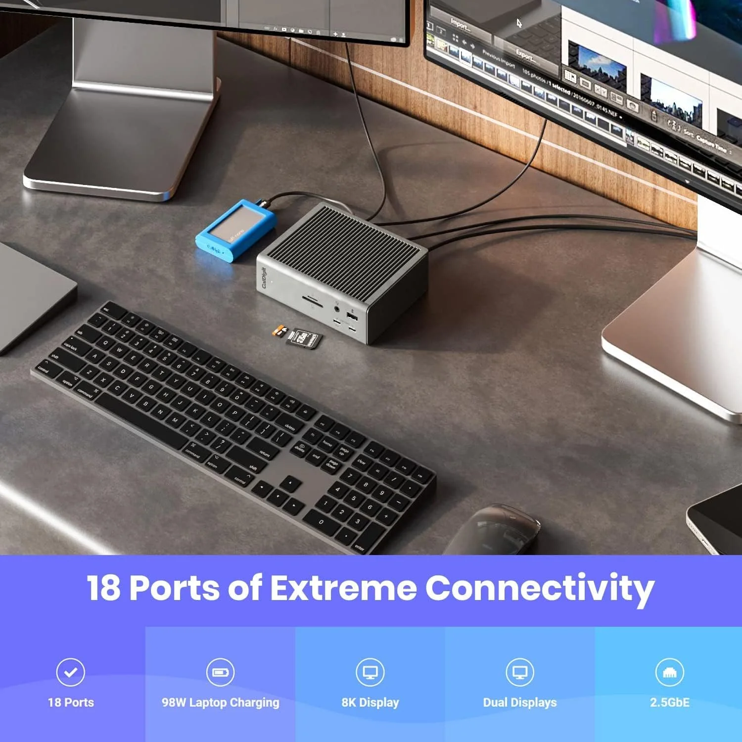 داک CalDigit TS4 Thunderbolt 4 - دارای ۱۸ پورت، شارژ ۹۸ واتی، ۳ پورت Thunderbolt 4 با سرعت ۴۰Gb/s، ۵ پورت USB-A، ۳ پورت USB-C (با سرعت ۱۰Gb/s)، 2.5GbE، پشتیبانی از یک نمایشگر 8K یا دو نمایشگر 6K با نرخ 60Hz، سازگار با Mac، PC و Chrome به همراه کابل 0.8 متری