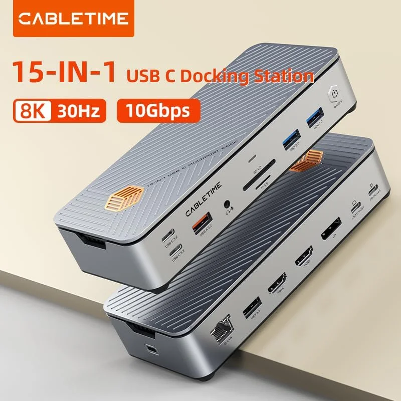 ایستگاه اتصال CABLETIME USB با HDMI، DisplayPort، ۱۵ پورت، ۲ پورت HDMI 8K 30Hz برای دستگاه های Type-C