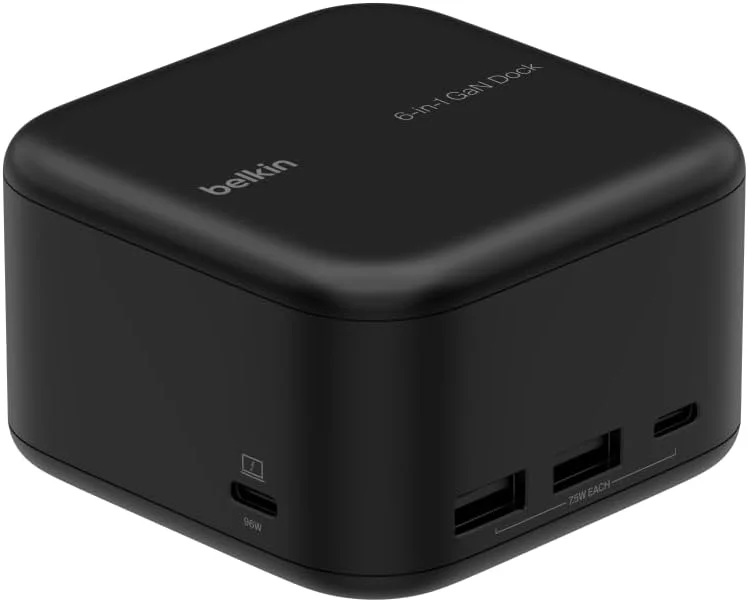 داک USB-C بلکین Connect 6-in-1 Core GaN، ۱۳۰ وات، ایستگاه اتصال چند پورت با ۹۶ وات PD به لوازم جانبی، USB-C، USB-A، گیگابیت اترنت و پورت های HDMI 4K برای بازی، مک بوک پرو، لپ تاپ های PC و کروم بوک