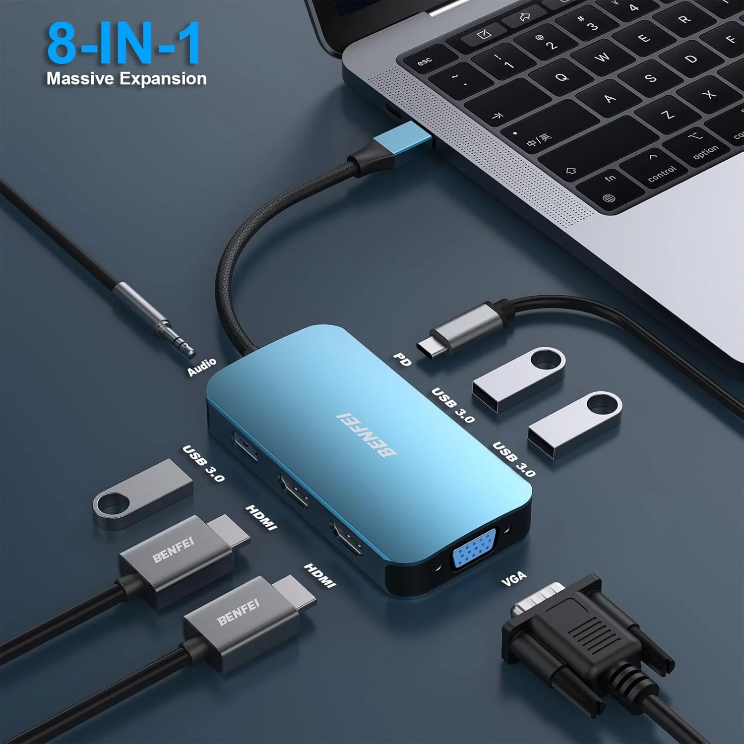 هاب USB C MST BENFEI 8 در 1 با USB-C به 2*HDMI/1*VGA، USB-C به 3*USB 3.0/100W Power Delivery/3.5mm Aux Audio، سازگار با MacBook Pro 2023/2022/2021/2020، Surface Book و غیره