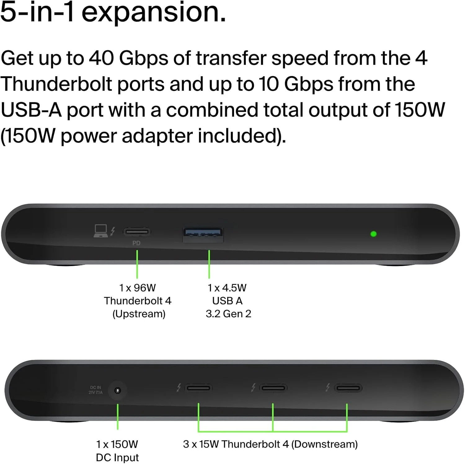داک استیشن بلکین Connect Thunderbolt 4، هاب چند پورت USB-C 5 در 1 با توان رسانی 96 واتی برای مک، ویندوز، نمایشگر تکی 8K یا دوگانه 4K، شامل کابل Thunderbolt 4 و منبع تغذیه