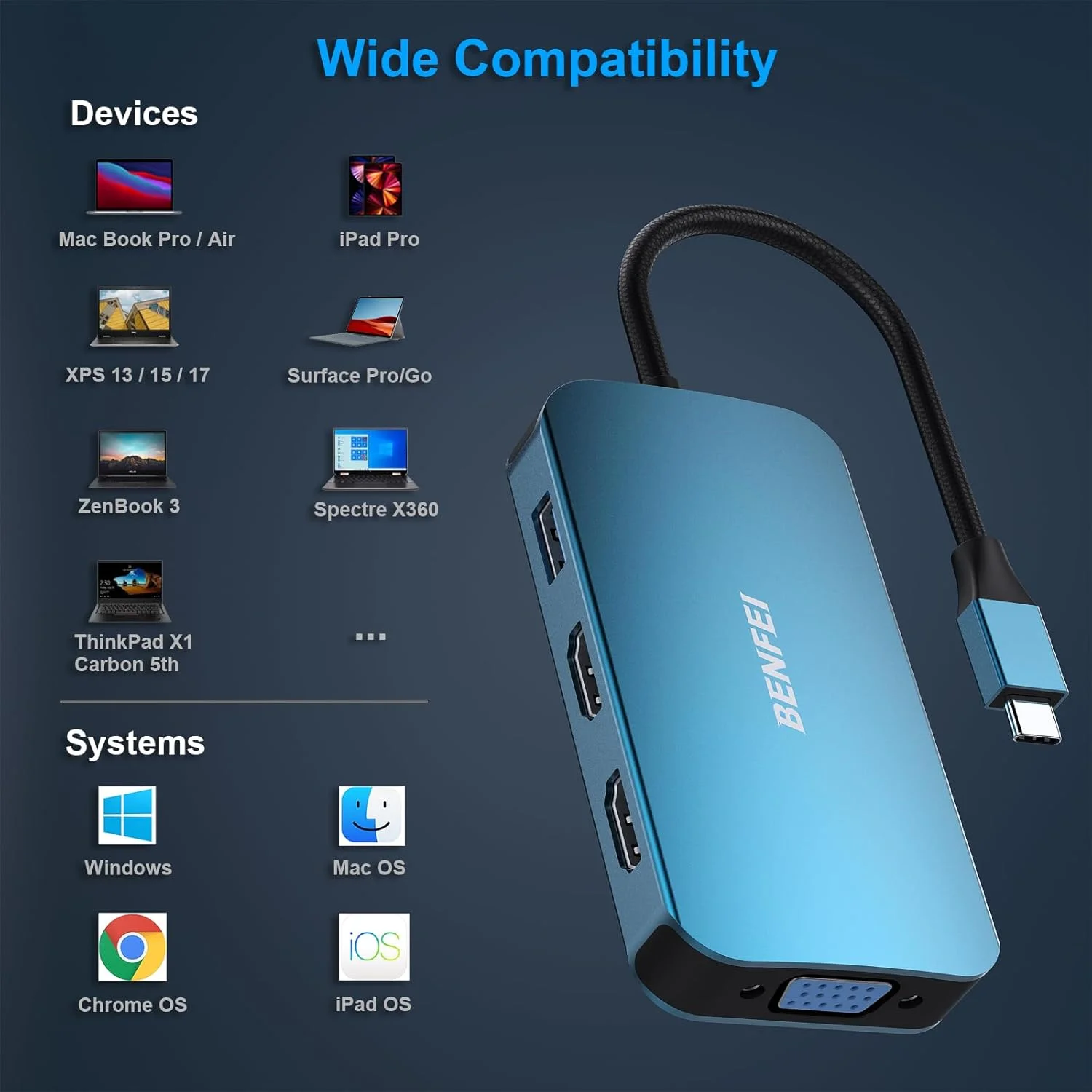 هاب USB C MST BENFEI 8 در 1 با USB-C به 2*HDMI/1*VGA، USB-C به 3*USB 3.0/100W Power Delivery/3.5mm Aux Audio، سازگار با MacBook Pro 2023/2022/2021/2020، Surface Book و غیره